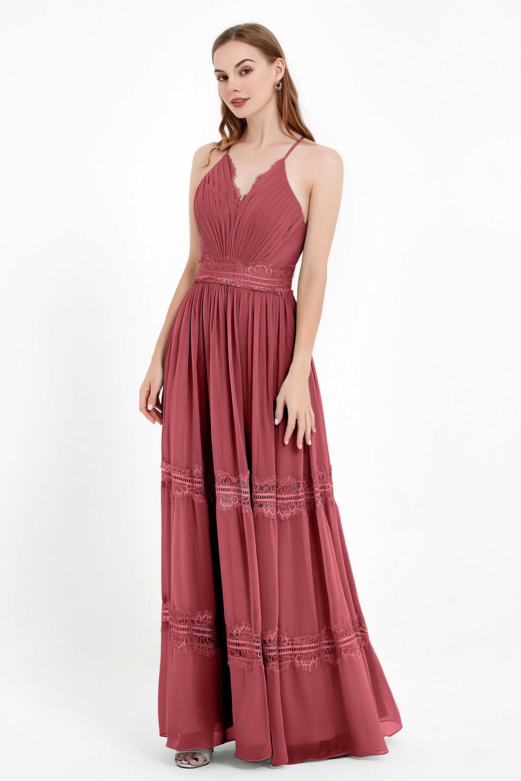Spaghetti Straps V Neckline Chiffon Lace Bridesmaid Dresses Women's Formal Evening Gowns