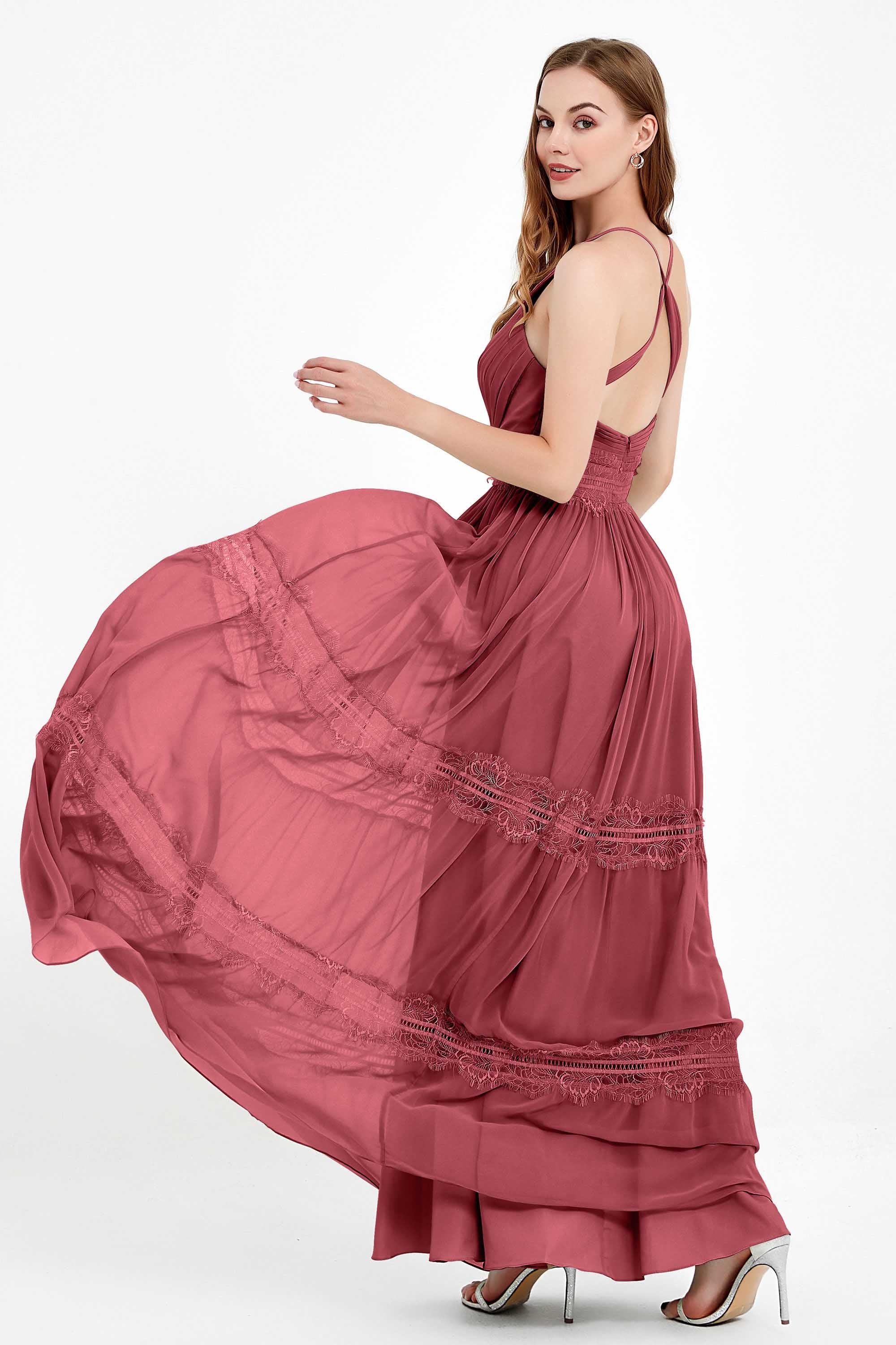 Spaghetti Straps V Neckline Chiffon Lace Bridesmaid Dresses Women's Formal Evening Gowns