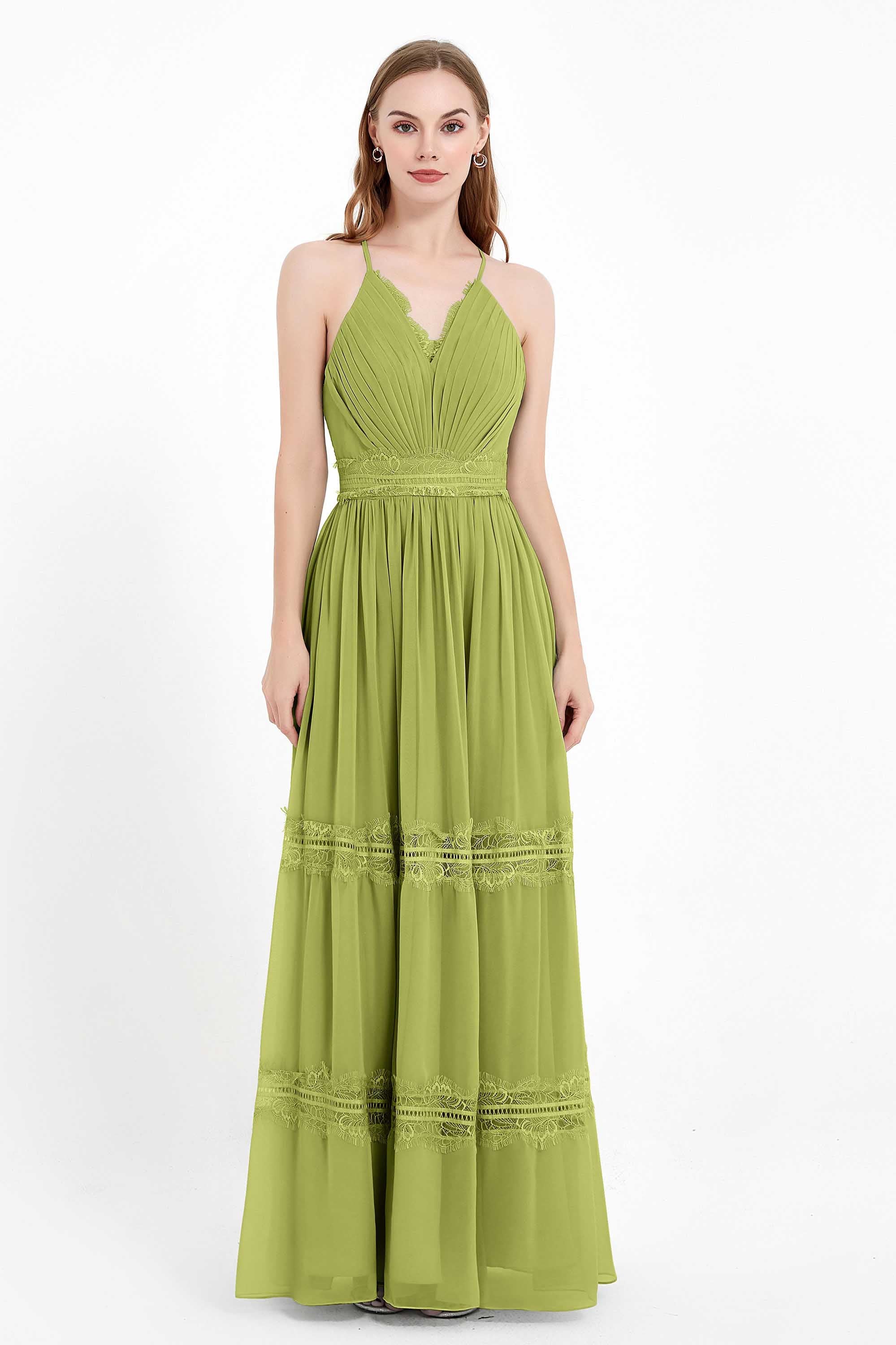 Spaghetti Straps V Neckline Chiffon Lace Bridesmaid Dresses Women's Formal Evening Gowns