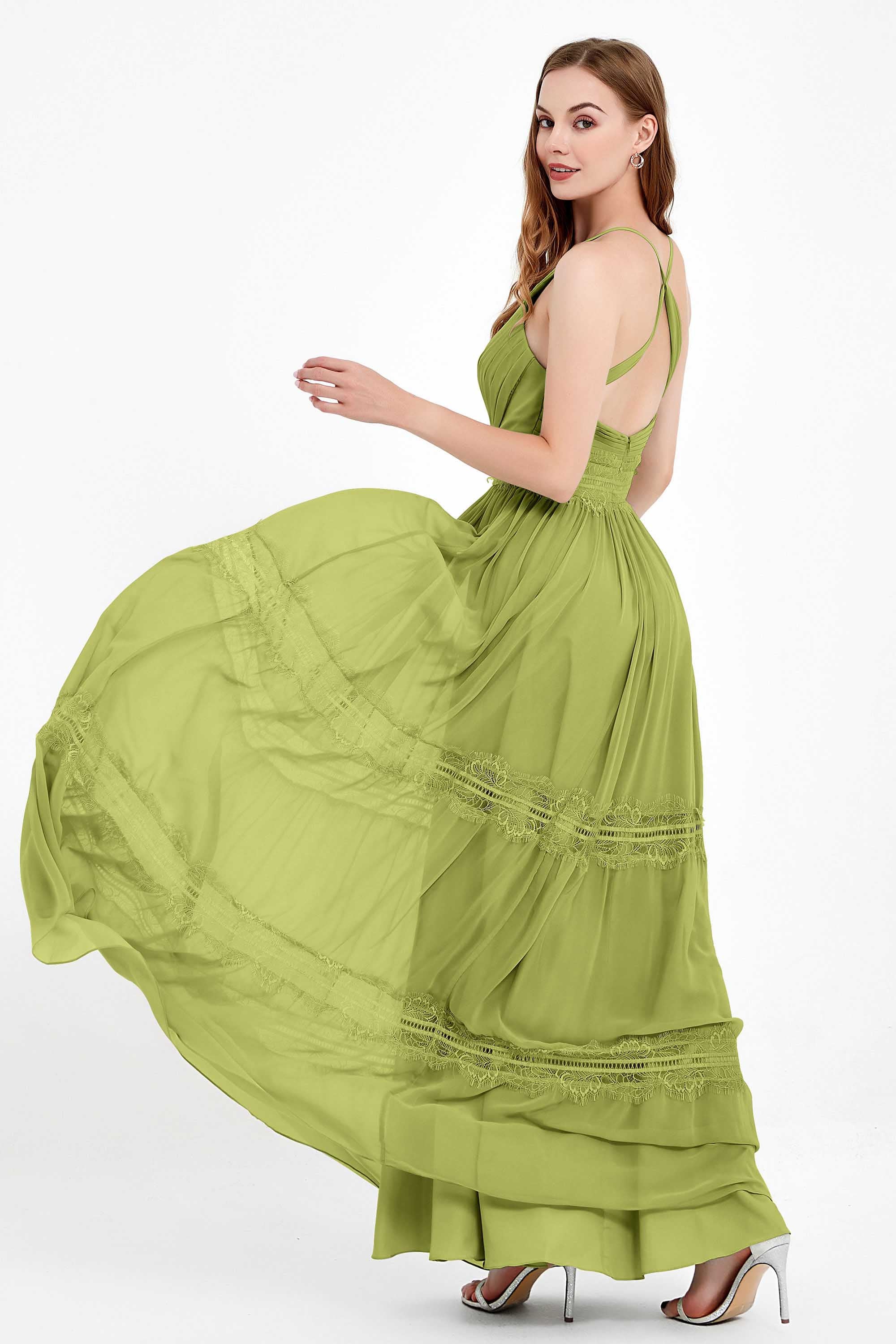 Spaghetti Straps V Neckline Chiffon Lace Bridesmaid Dresses Women's Formal Evening Gowns