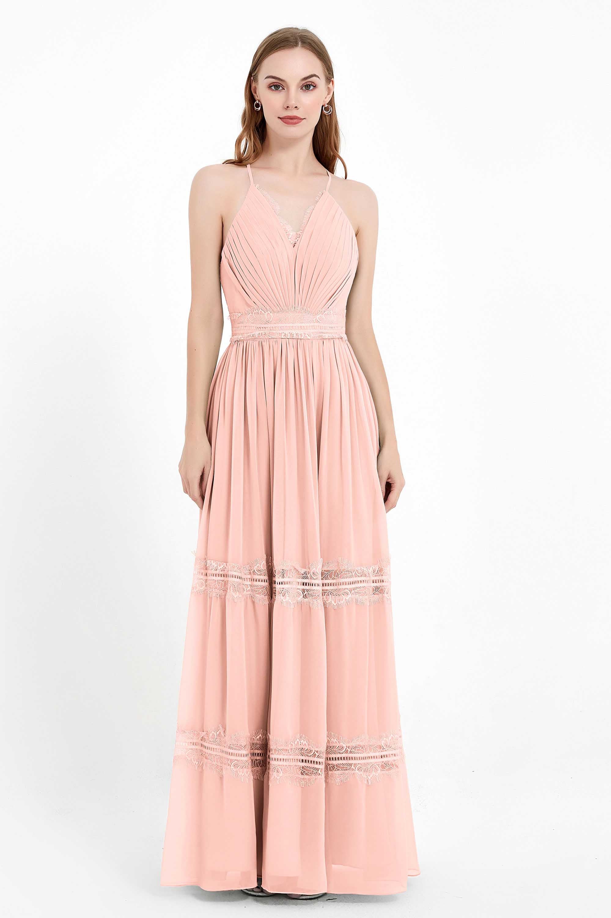 Spaghetti Straps V Neckline Chiffon Lace Bridesmaid Dresses Women's Formal Evening Gowns