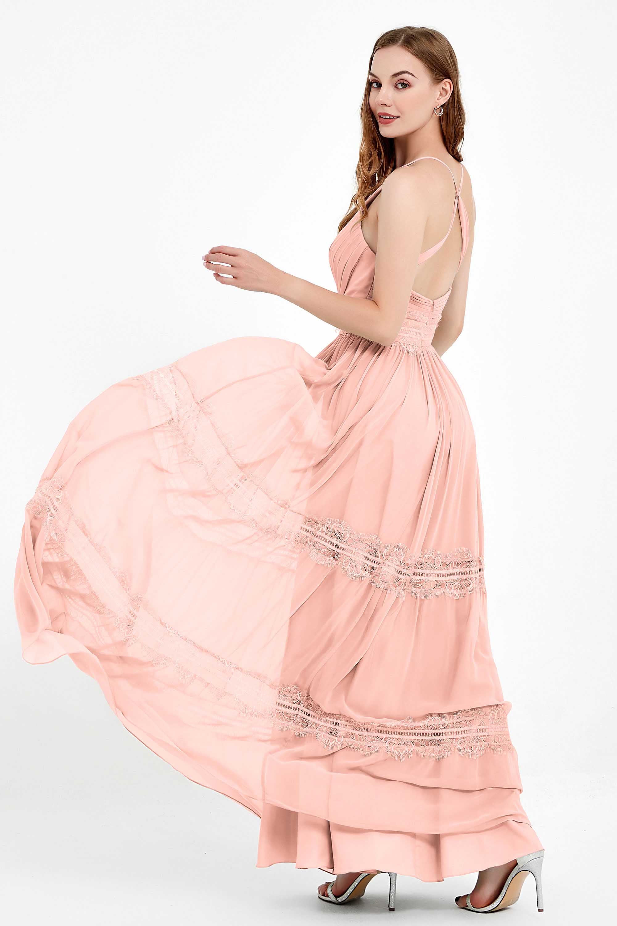 Spaghetti Straps V Neckline Chiffon Lace Bridesmaid Dresses Women's Formal Evening Gowns