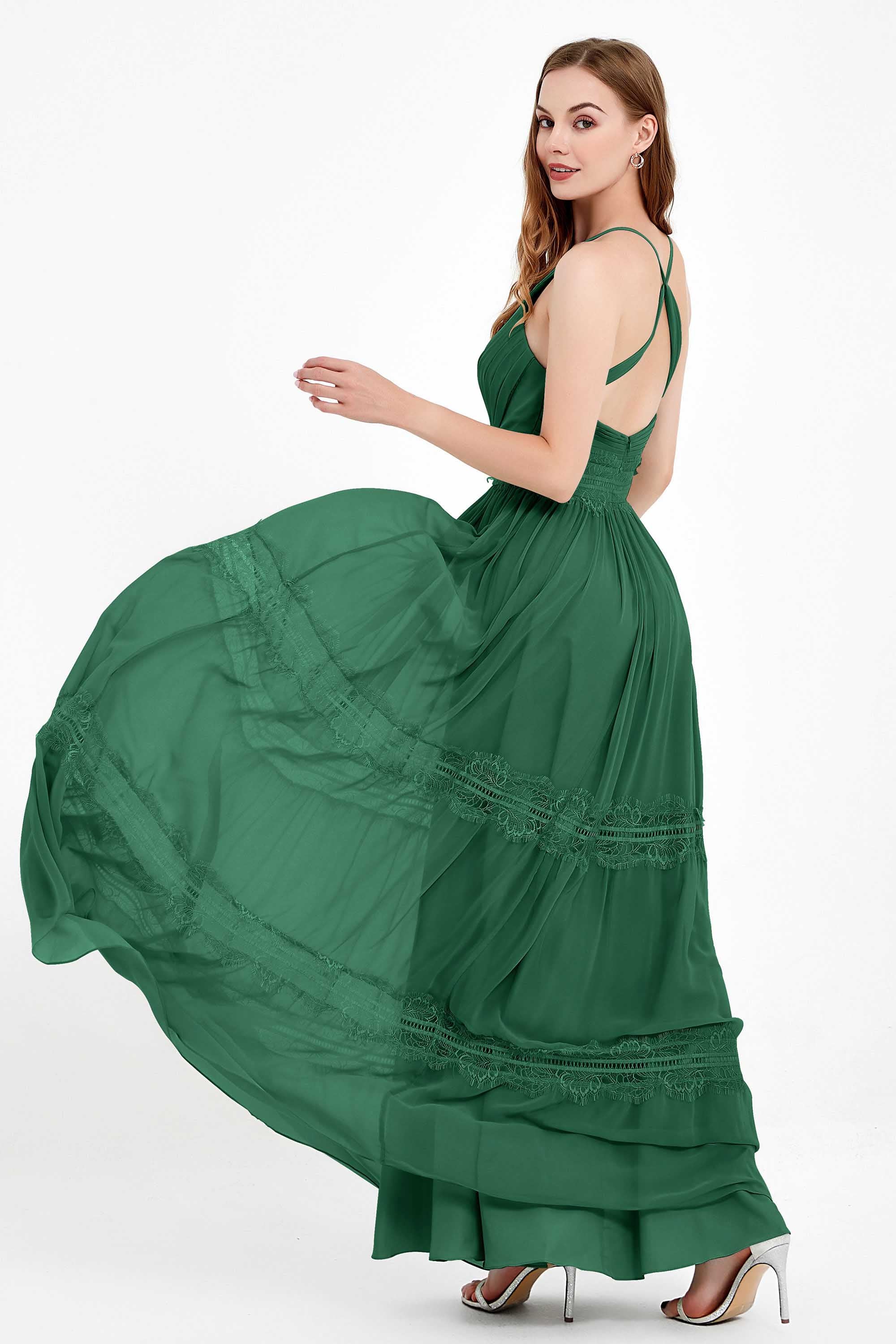 Spaghetti Straps V Neckline Chiffon Lace Bridesmaid Dresses Women's Formal Evening Gowns