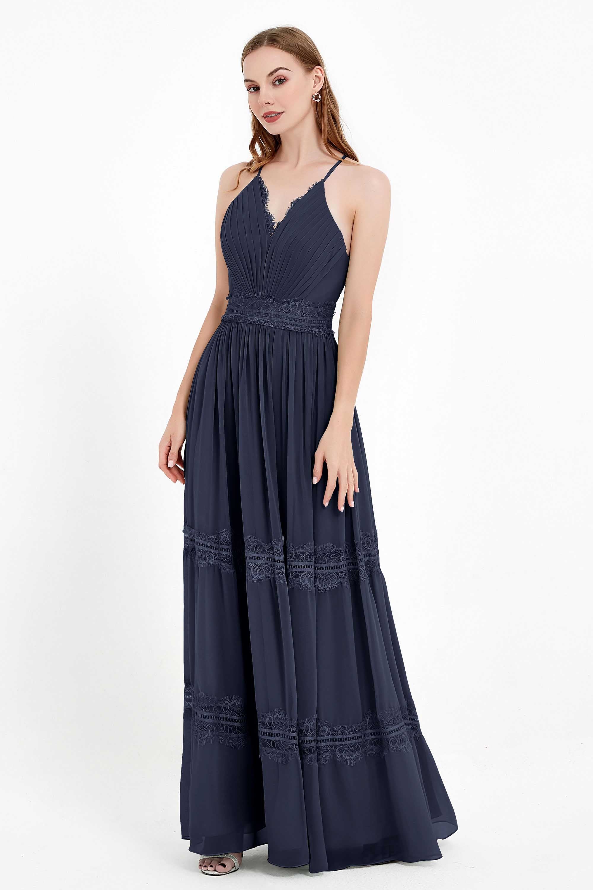 Spaghetti Straps V Neckline Chiffon Lace Bridesmaid Dresses Women's Formal Evening Gowns