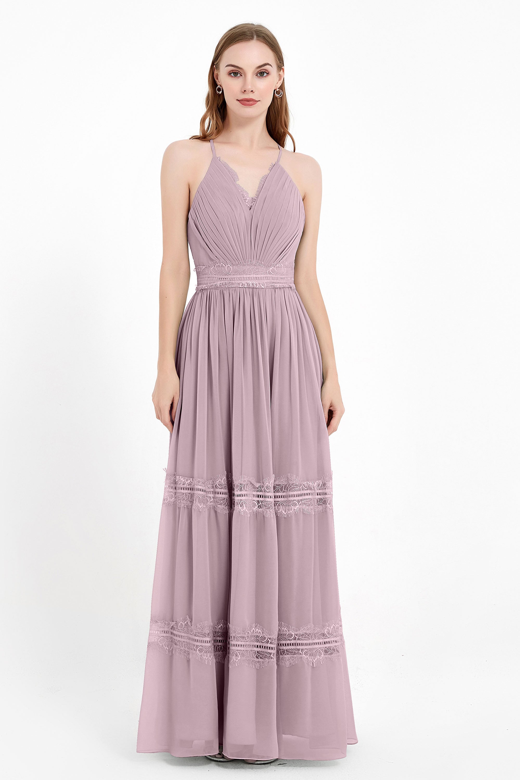 Spaghetti Straps V Neckline Chiffon Lace Bridesmaid Dresses Women's Formal Evening Gowns