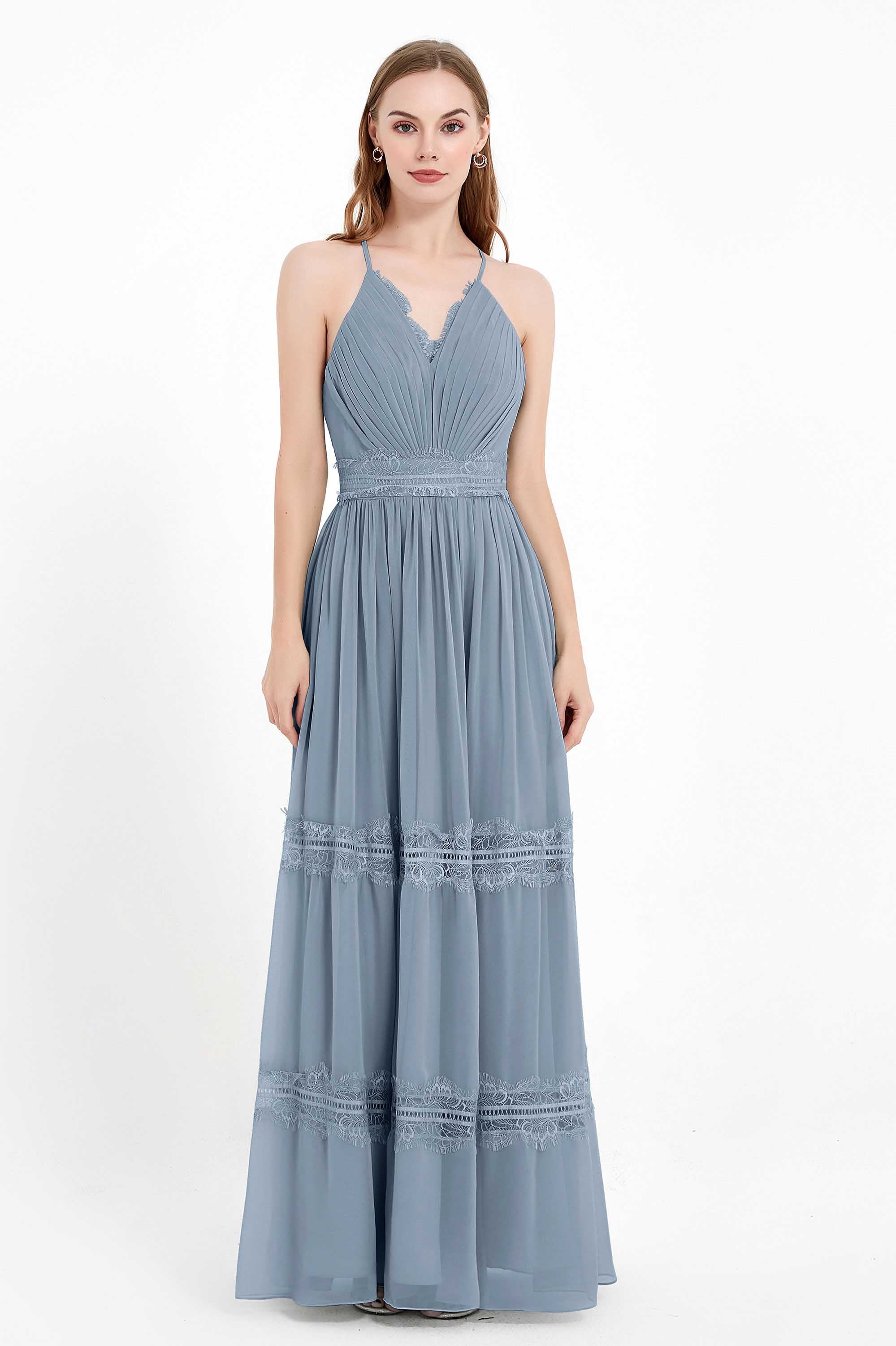 Spaghetti Straps V Neckline Chiffon Lace Bridesmaid Dresses Women's Formal Evening Gowns