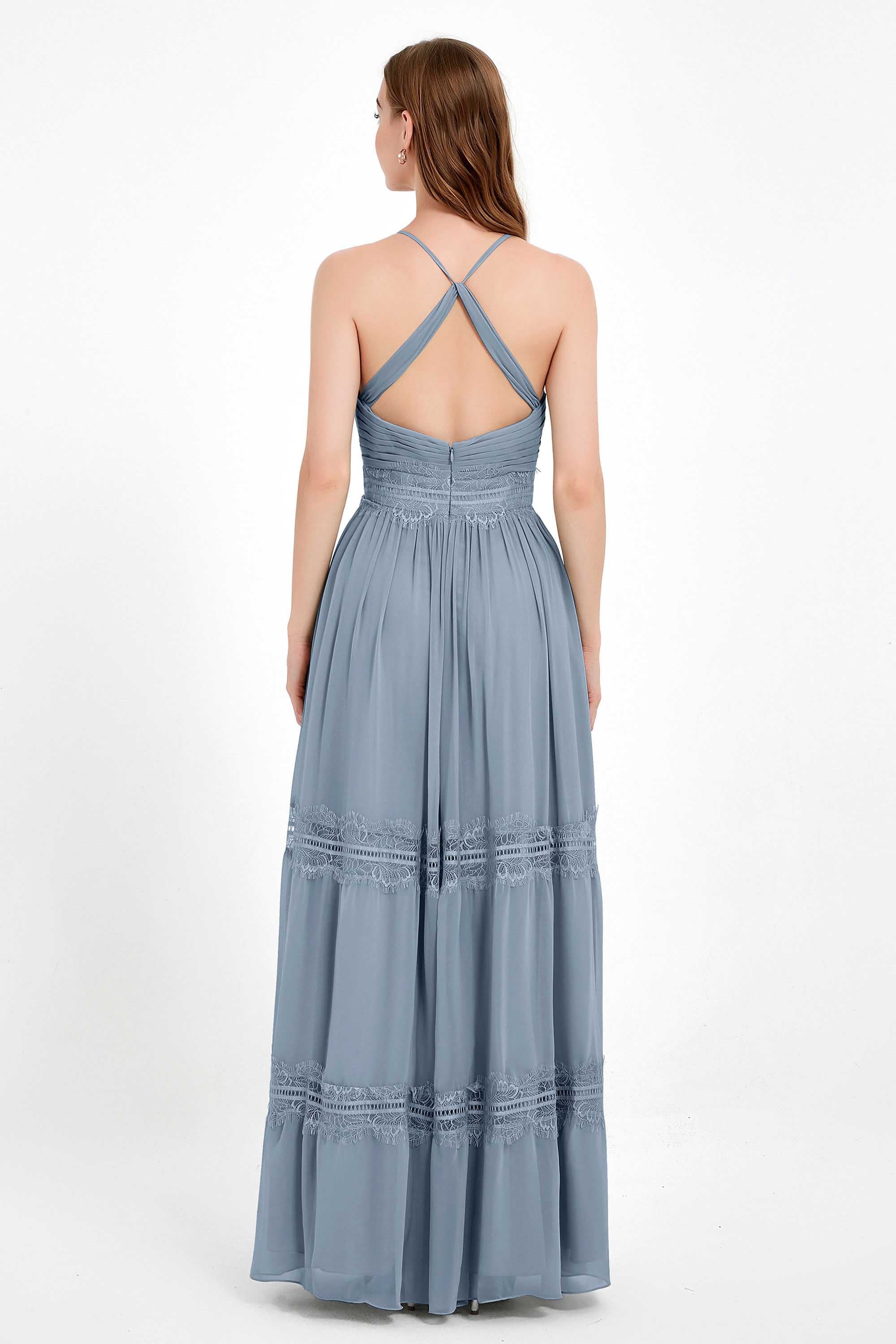 Spaghetti Straps V Neckline Chiffon Lace Bridesmaid Dresses Women's Formal Evening Gowns