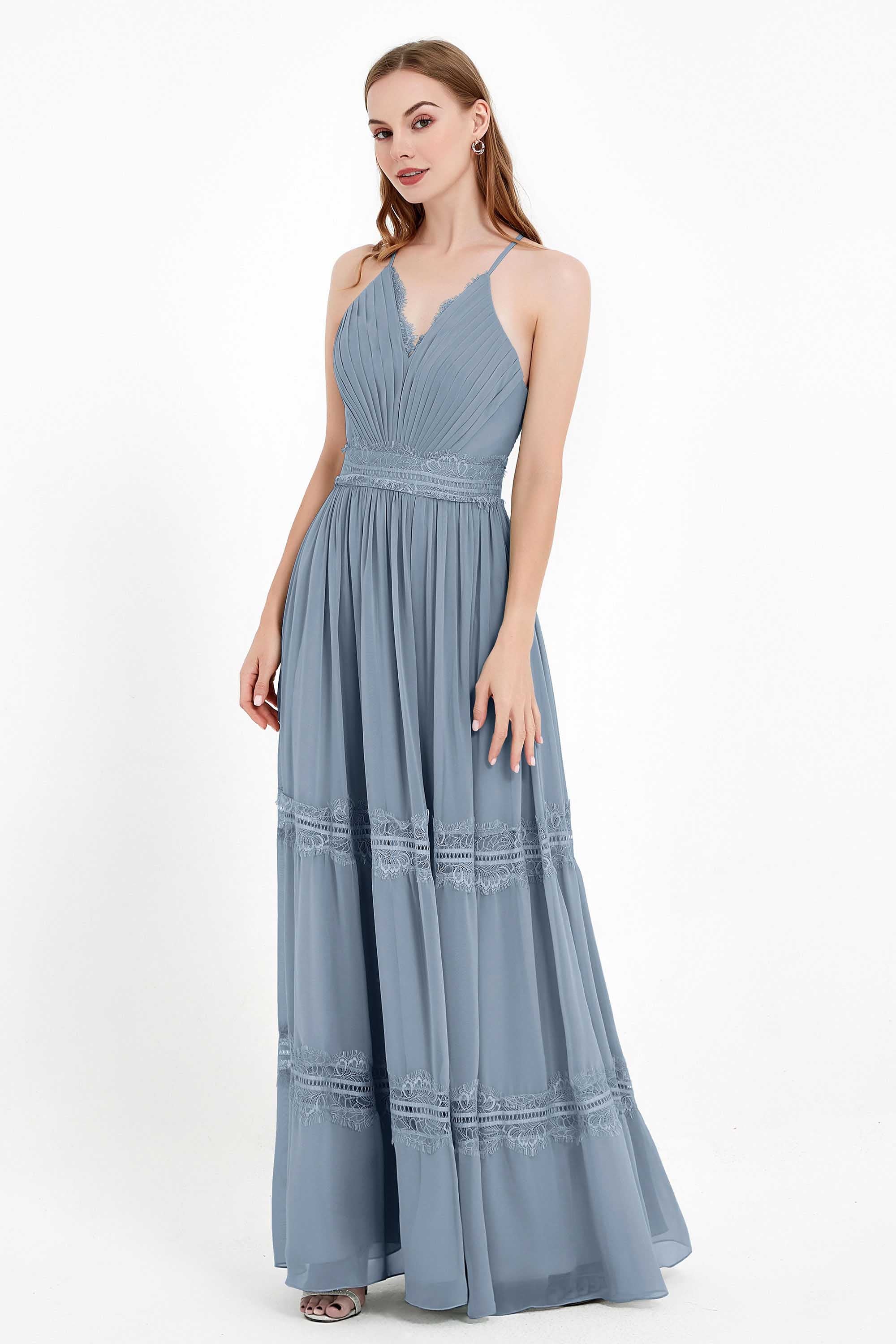 Spaghetti Straps V Neckline Chiffon Lace Bridesmaid Dresses Women's Formal Evening Gowns
