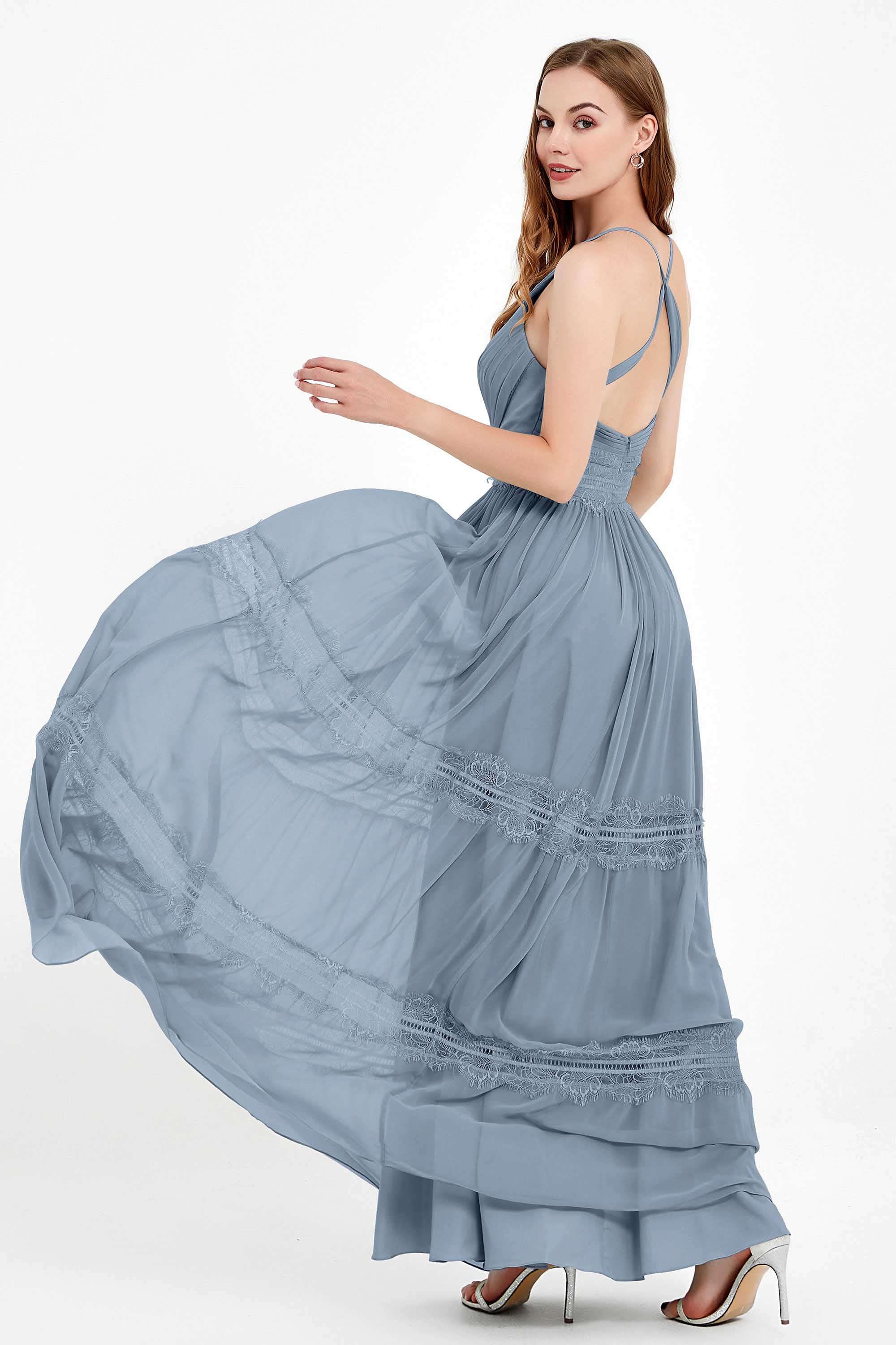 Spaghetti Straps V Neckline Chiffon Lace Bridesmaid Dresses Women's Formal Evening Gowns