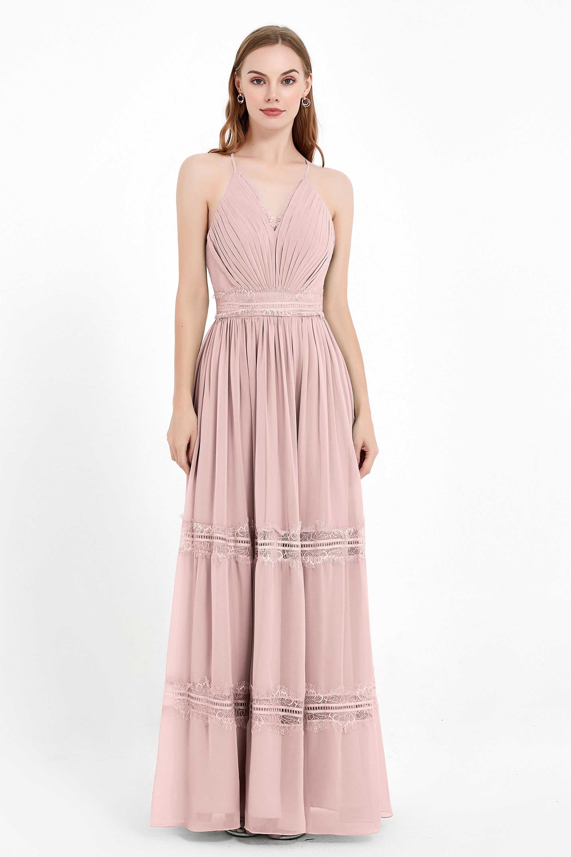 Spaghetti Straps V Neckline Chiffon Lace Bridesmaid Dresses Women's Formal Evening Gowns