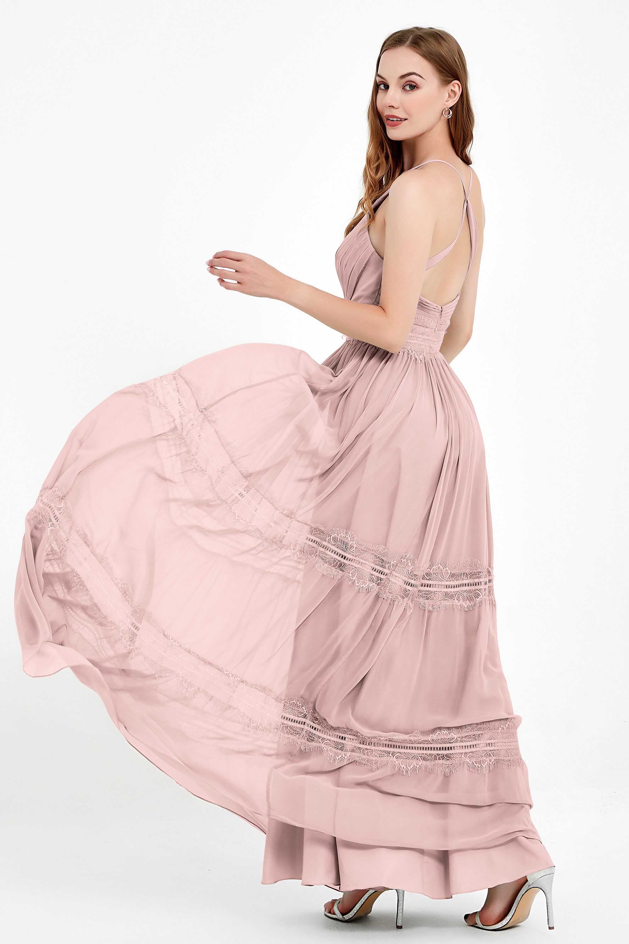 Spaghetti Straps V Neckline Chiffon Lace Bridesmaid Dresses Women's Formal Evening Gowns