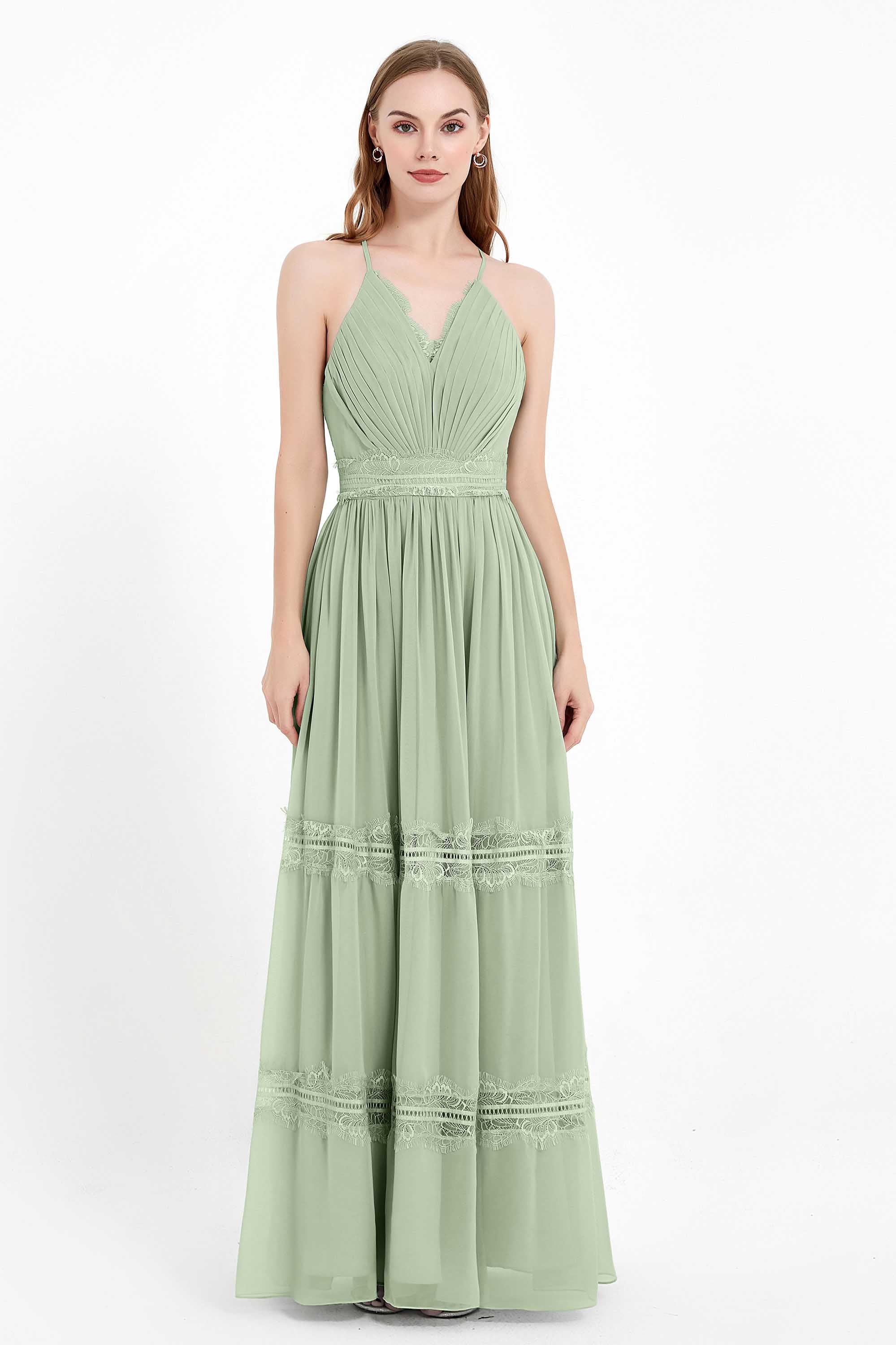 Spaghetti Straps V Neckline Chiffon Lace Bridesmaid Dresses Women's Formal Evening Gowns