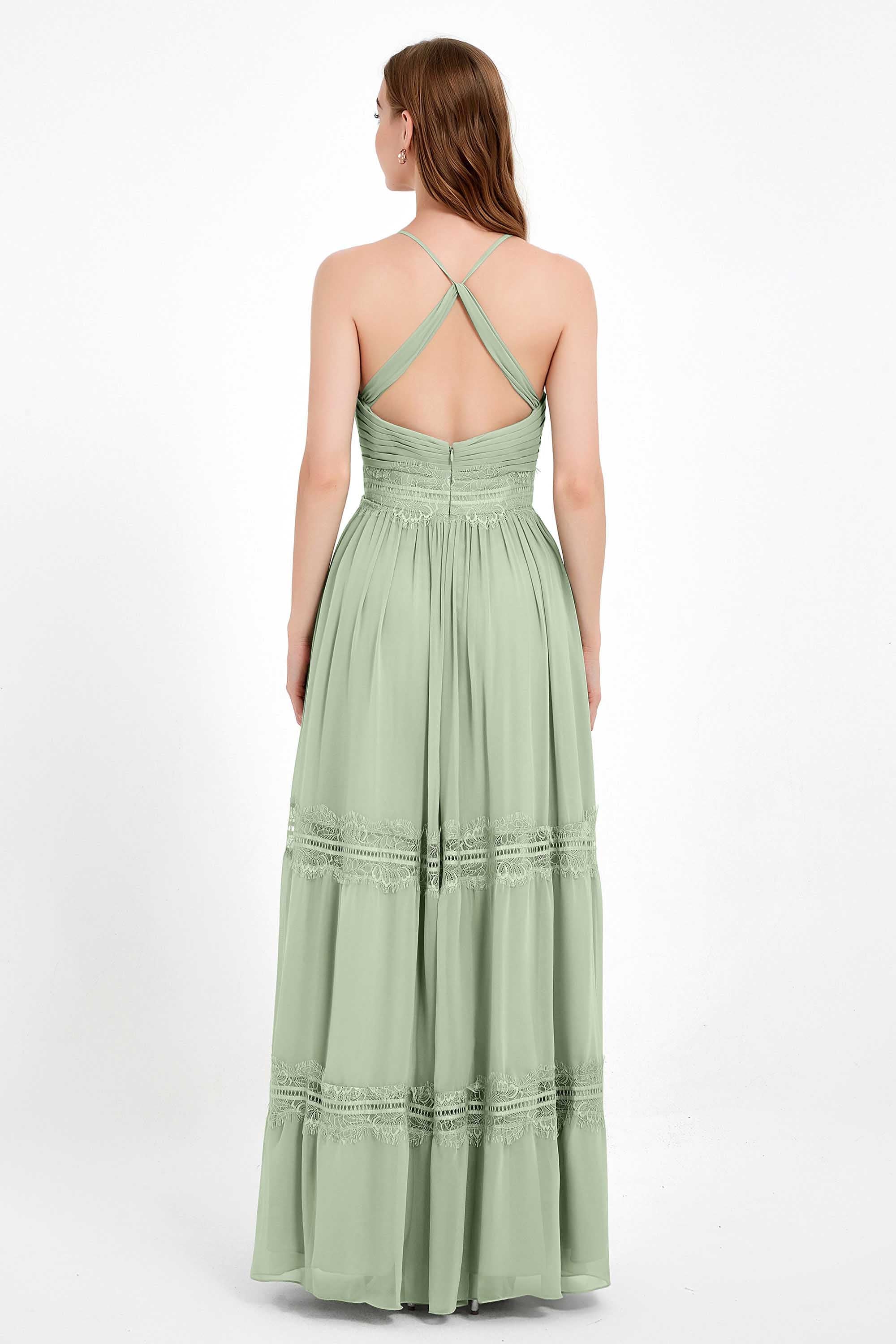Spaghetti Straps V Neckline Chiffon Lace Bridesmaid Dresses Women's Formal Evening Gowns