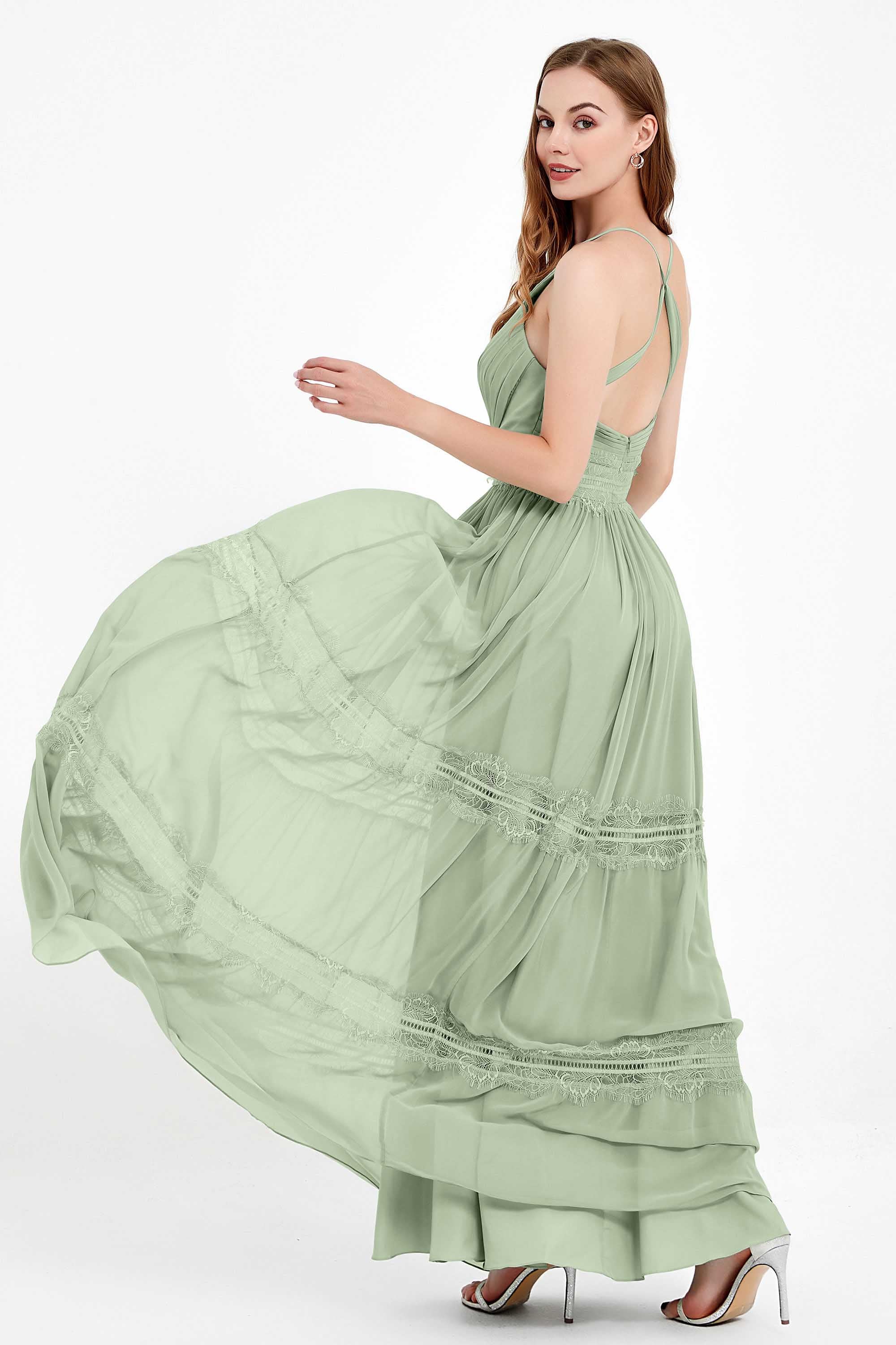 Spaghetti Straps V Neckline Chiffon Lace Bridesmaid Dresses Women's Formal Evening Gowns