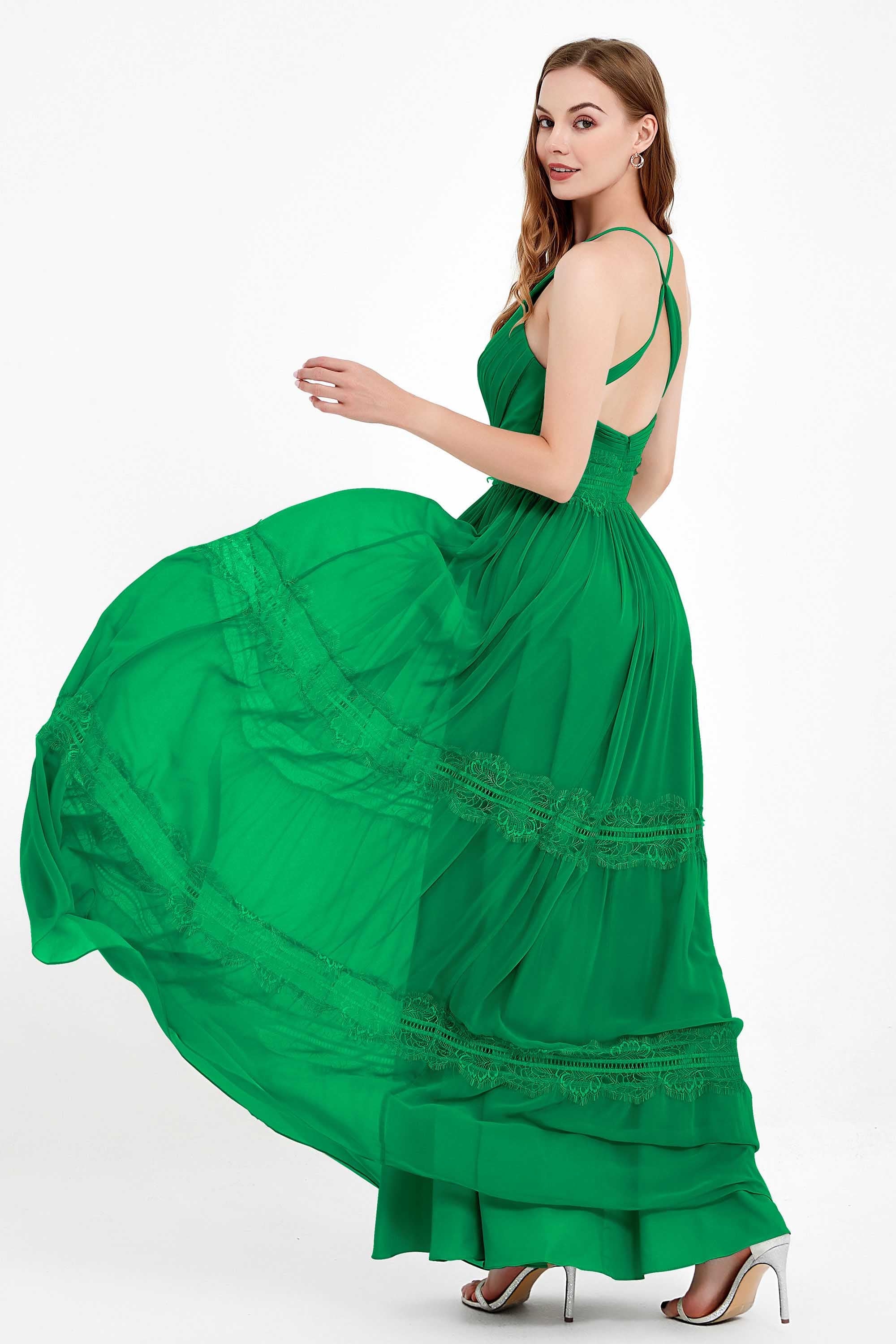 Spaghetti Straps V Neckline Chiffon Lace Bridesmaid Dresses Women's Formal Evening Gowns