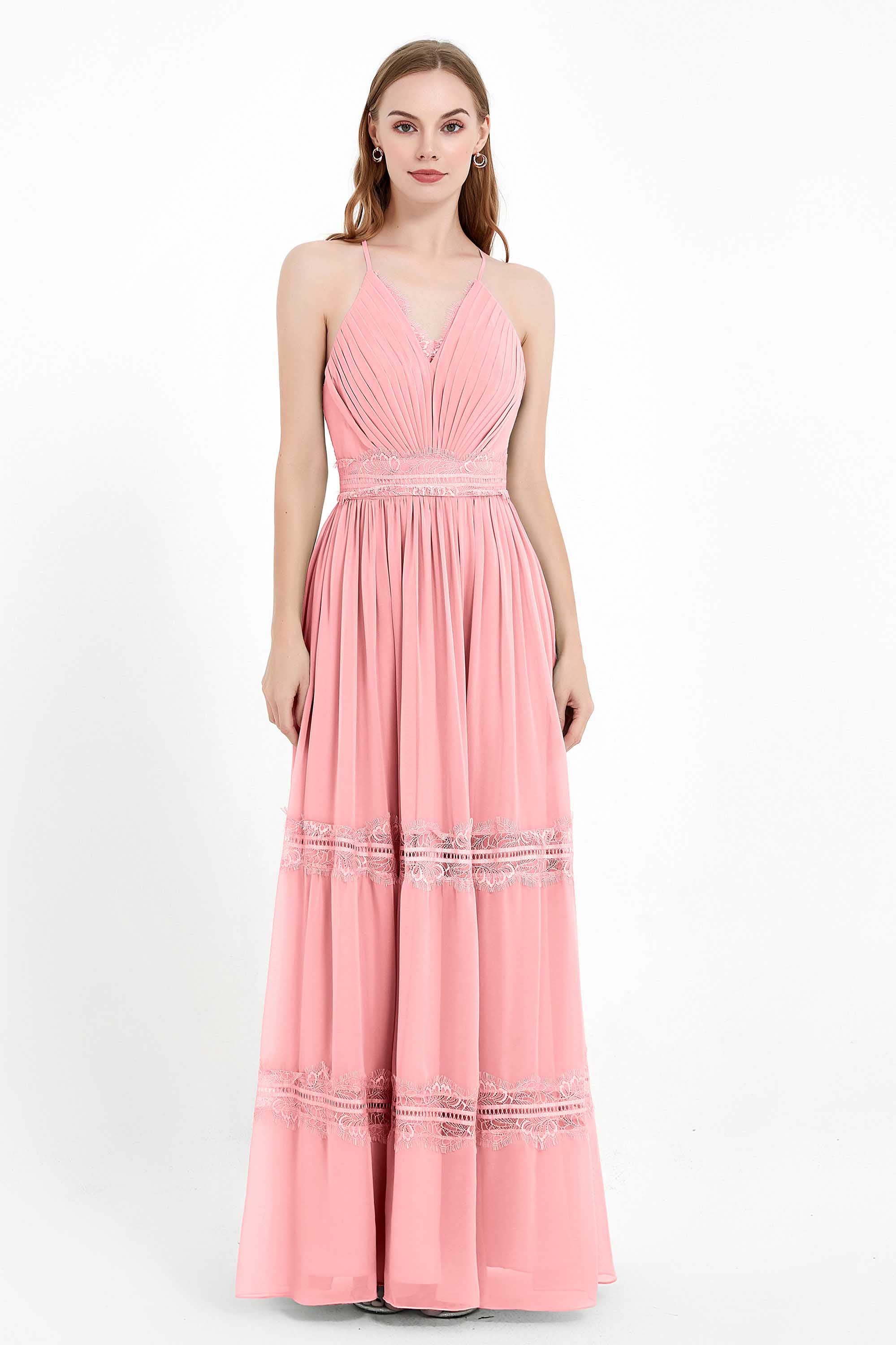 Spaghetti Straps V Neckline Chiffon Lace Bridesmaid Dresses Women's Formal Evening Gowns
