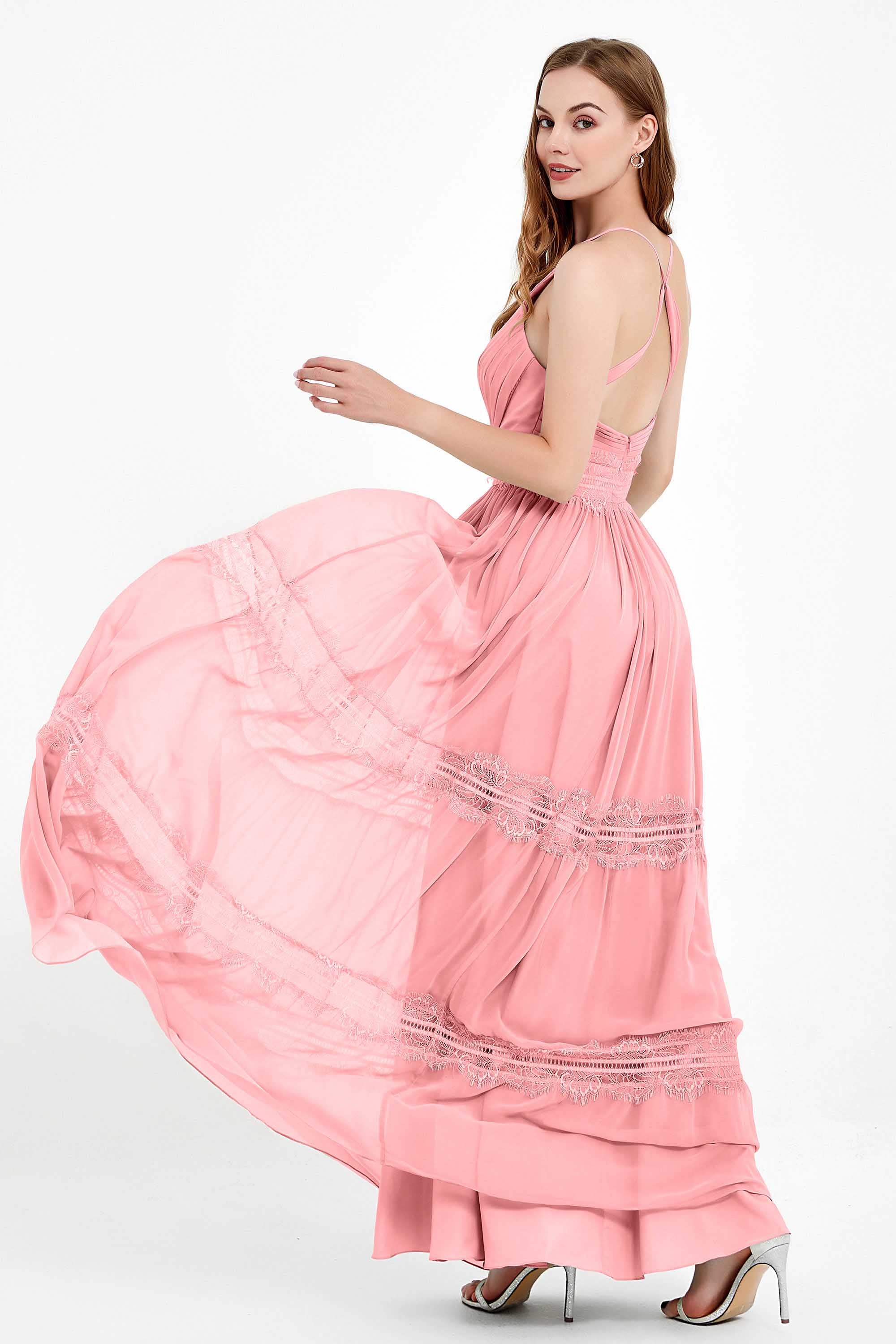 Spaghetti Straps V Neckline Chiffon Lace Bridesmaid Dresses Women's Formal Evening Gowns
