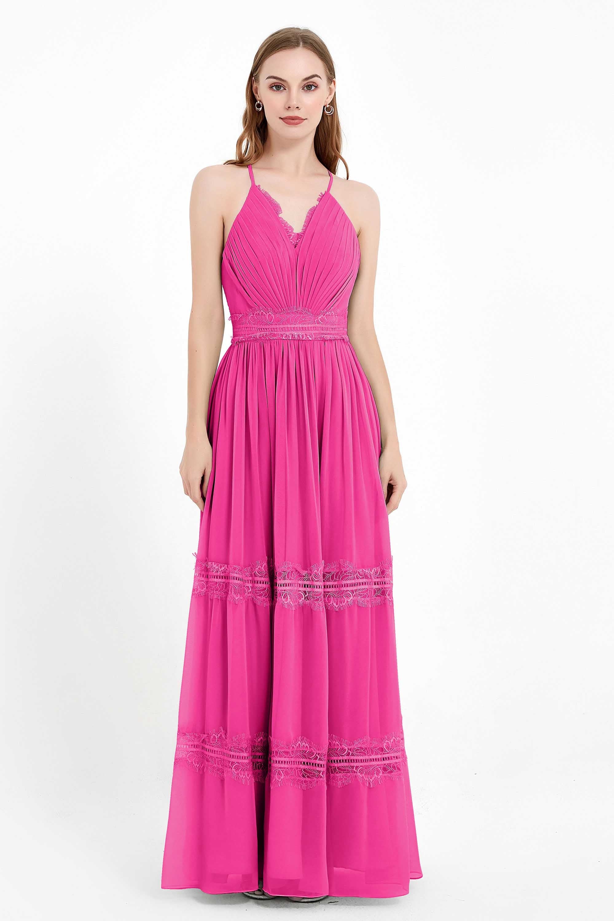 Spaghetti Straps V Neckline Chiffon Lace Bridesmaid Dresses Women's Formal Evening Gowns