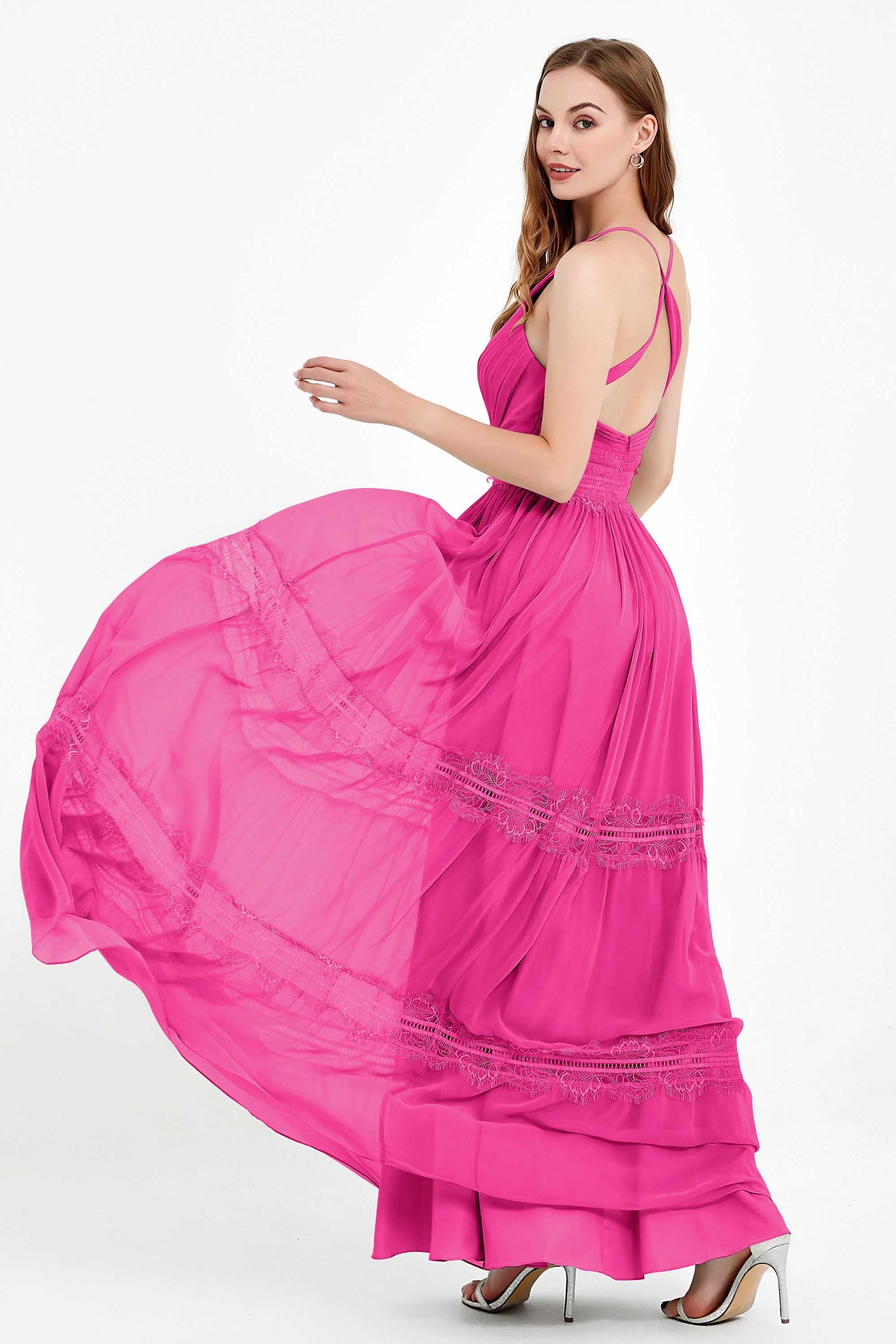 Spaghetti Straps V Neckline Chiffon Lace Bridesmaid Dresses Women's Formal Evening Gowns
