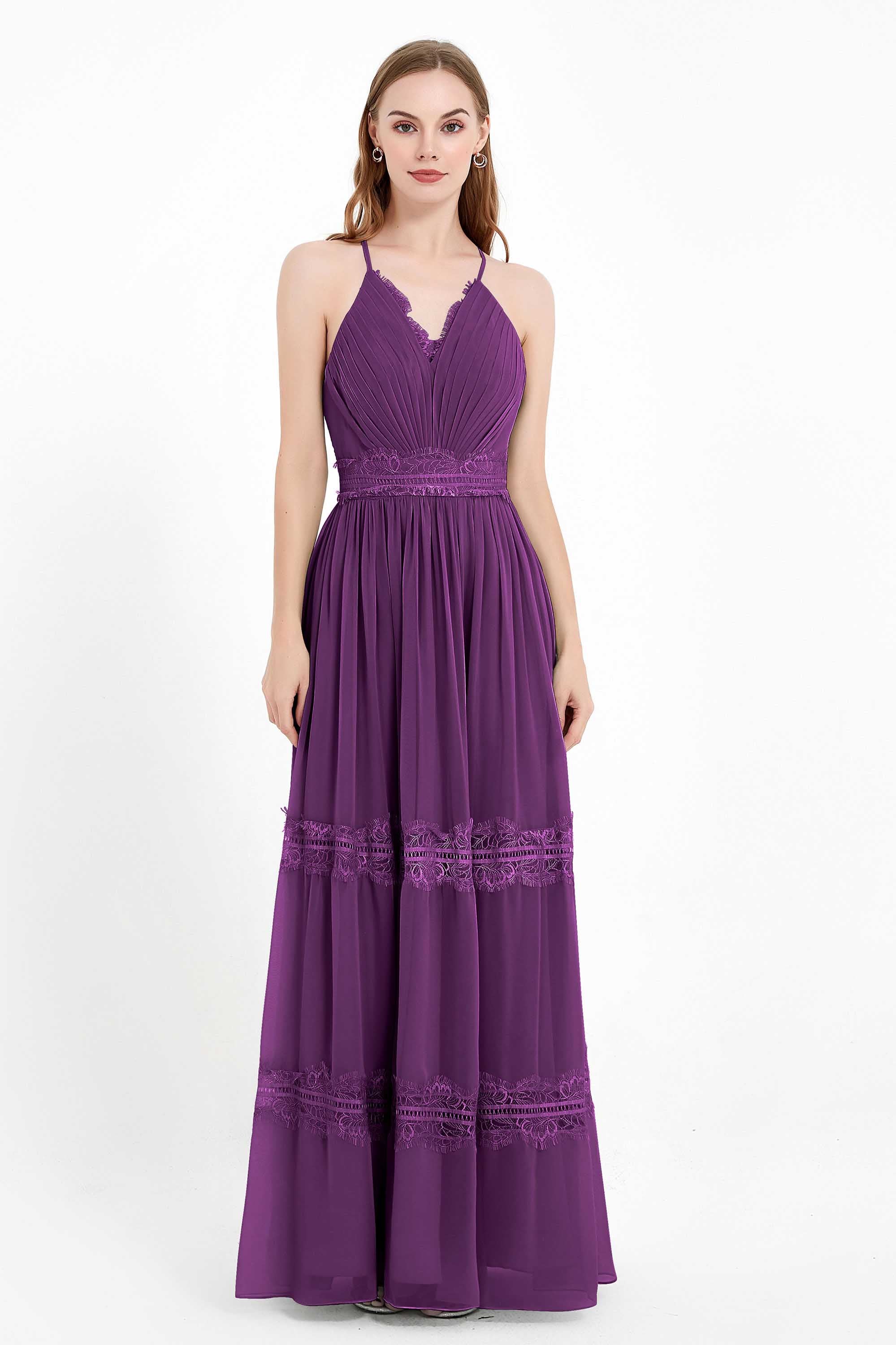 Spaghetti Straps V Neckline Chiffon Lace Bridesmaid Dresses Women's Formal Evening Gowns