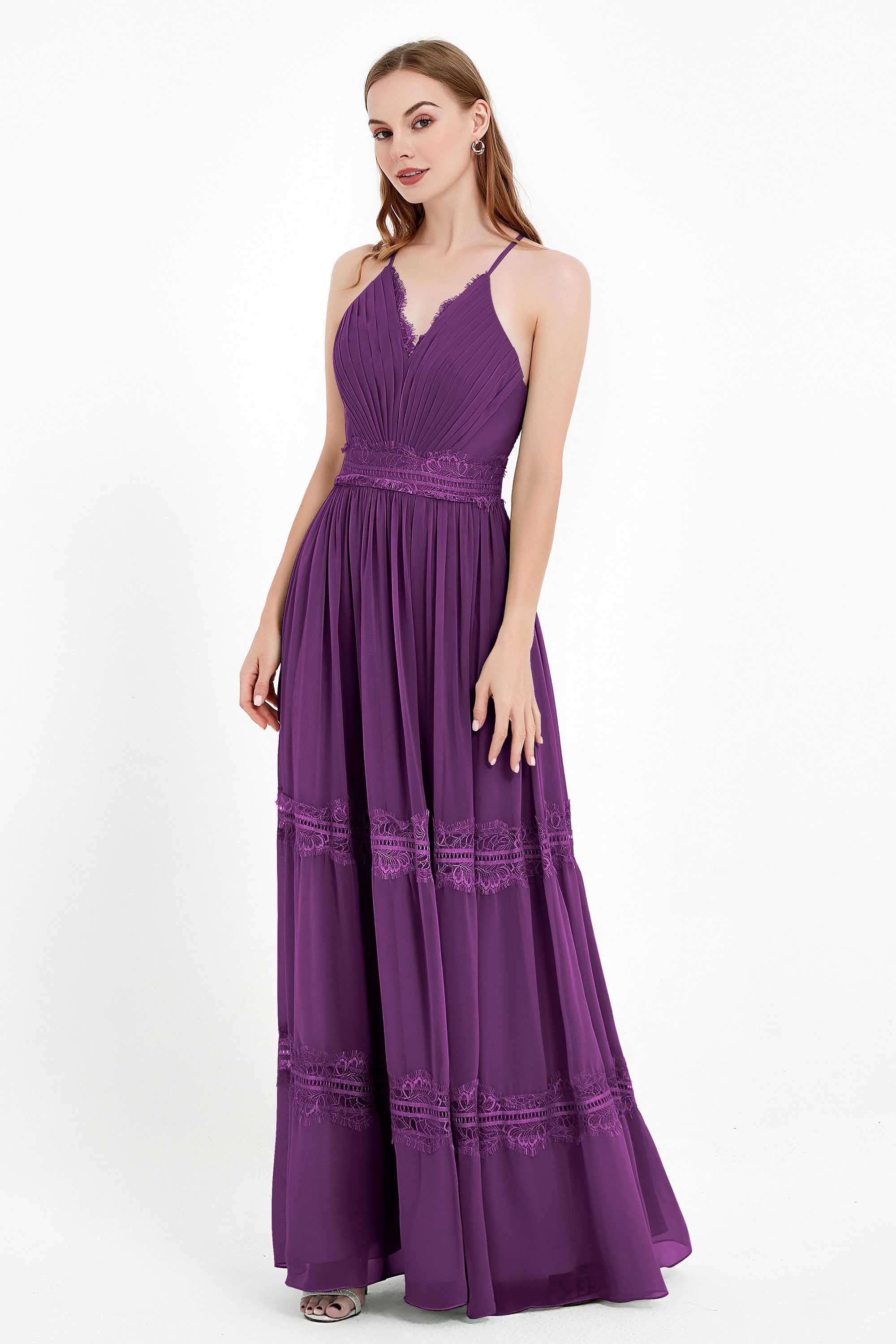 Spaghetti Straps V Neckline Chiffon Lace Bridesmaid Dresses Women's Formal Evening Gowns