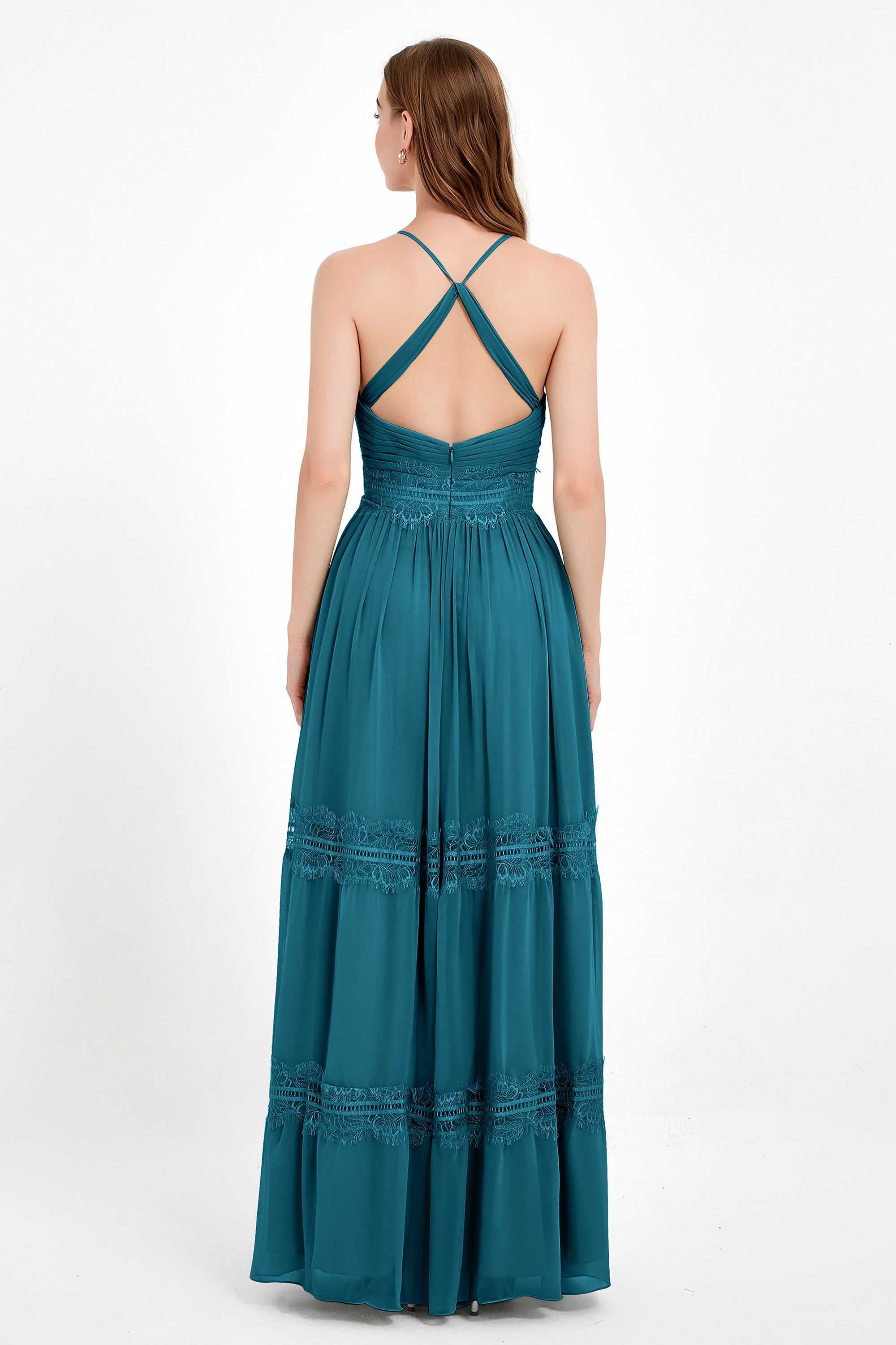 Spaghetti Straps V Neckline Chiffon Lace Bridesmaid Dresses Women's Formal Evening Gowns