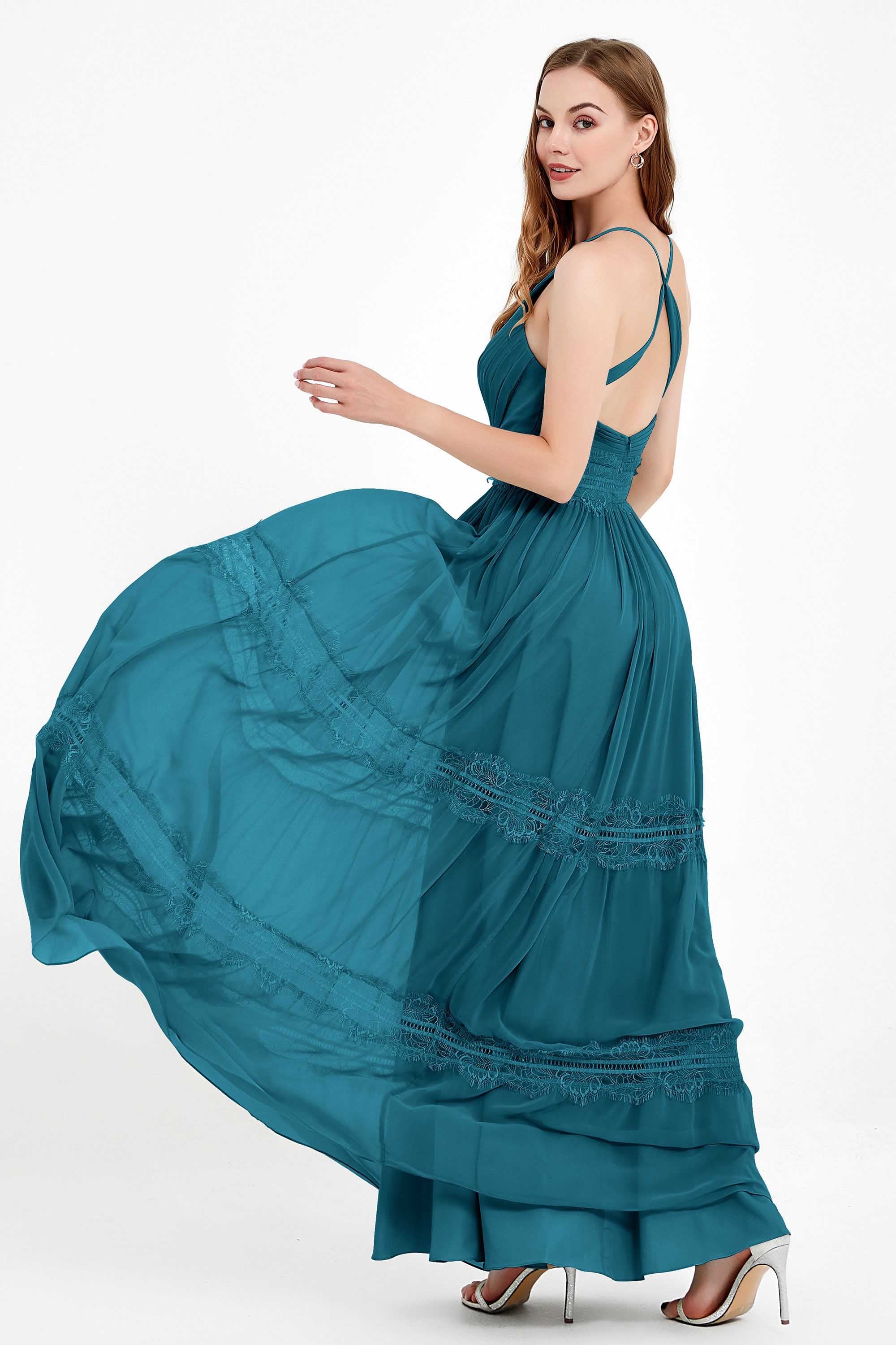 Spaghetti Straps V Neckline Chiffon Lace Bridesmaid Dresses Women's Formal Evening Gowns
