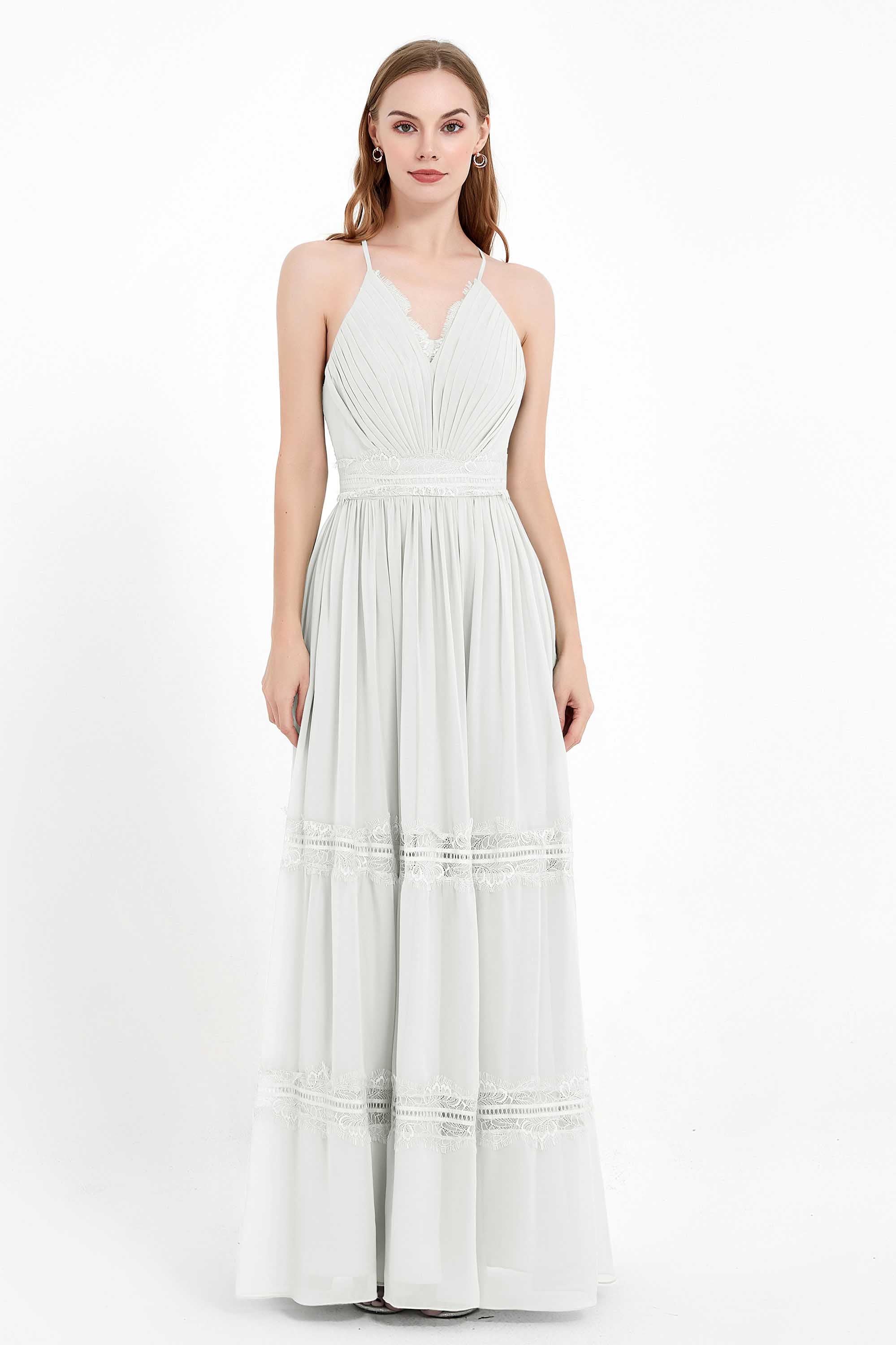 Spaghetti Straps V Neckline Chiffon Lace Bridesmaid Dresses Women's Formal Evening Gowns