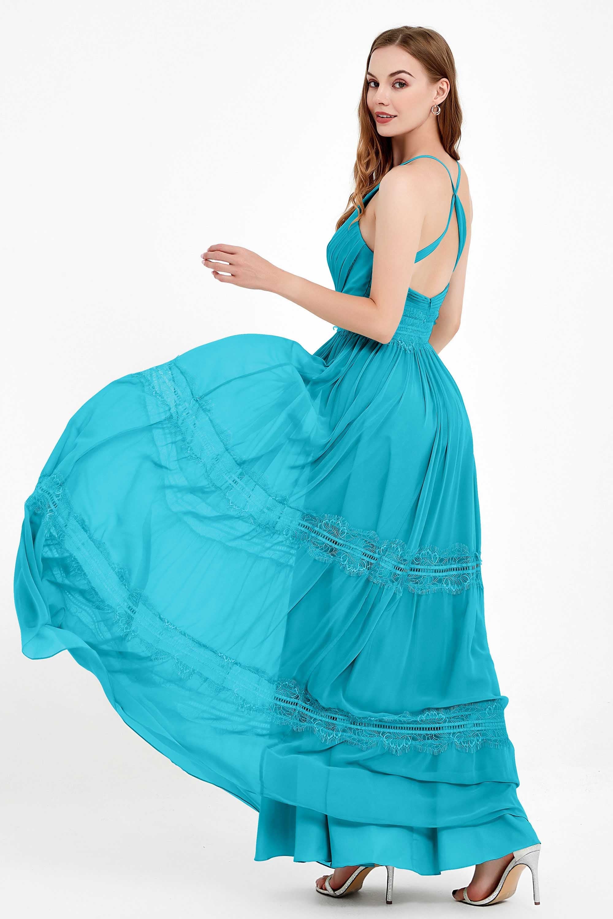 Spaghetti Straps V Neckline Chiffon Lace Bridesmaid Dresses Women's Formal Evening Gowns