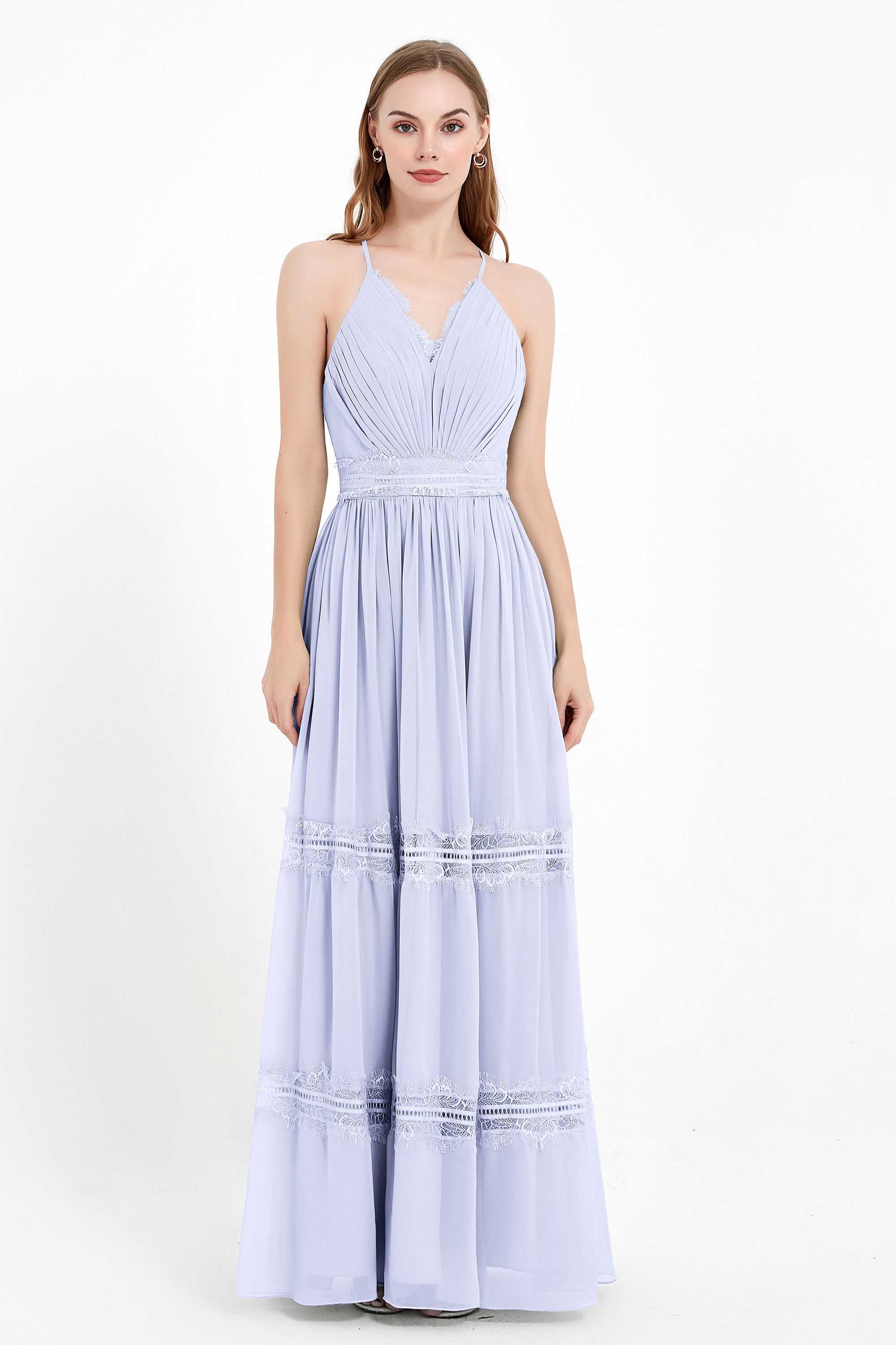 Spaghetti Straps V Neckline Chiffon Lace Bridesmaid Dresses Women's Formal Evening Gowns