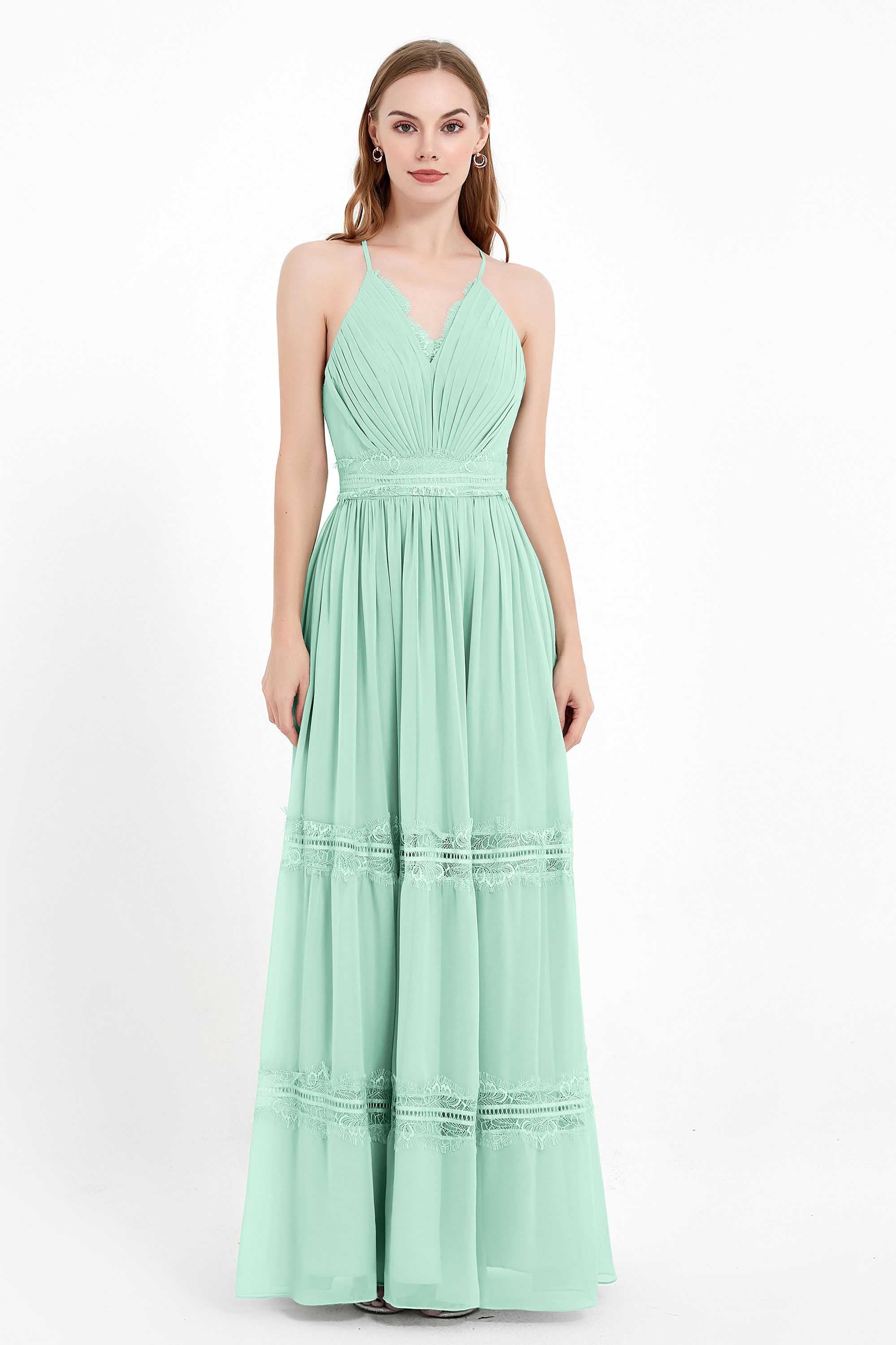 Spaghetti Straps V Neckline Chiffon Lace Bridesmaid Dresses Women's Formal Evening Gowns