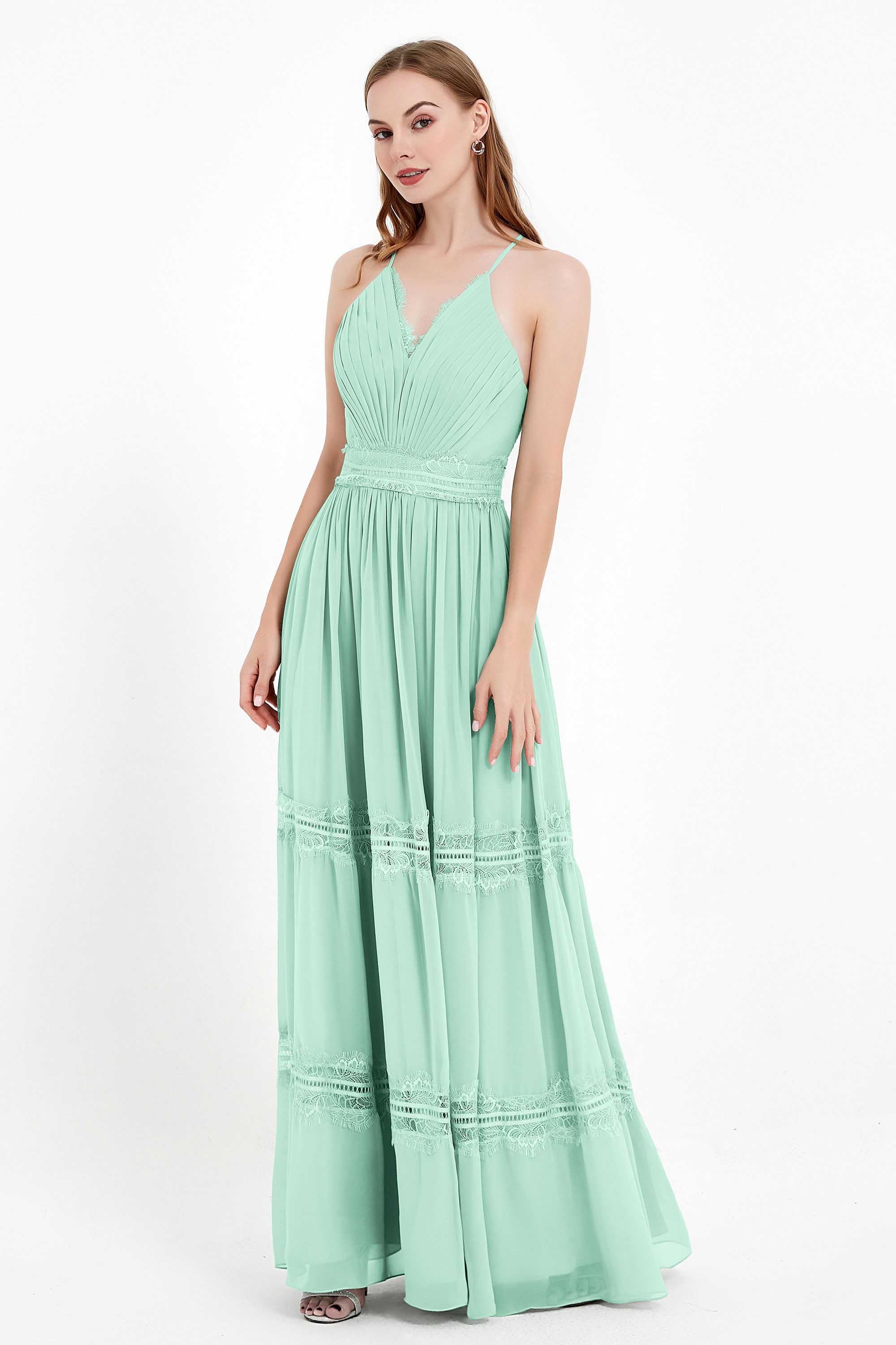 Spaghetti Straps V Neckline Chiffon Lace Bridesmaid Dresses Women's Formal Evening Gowns