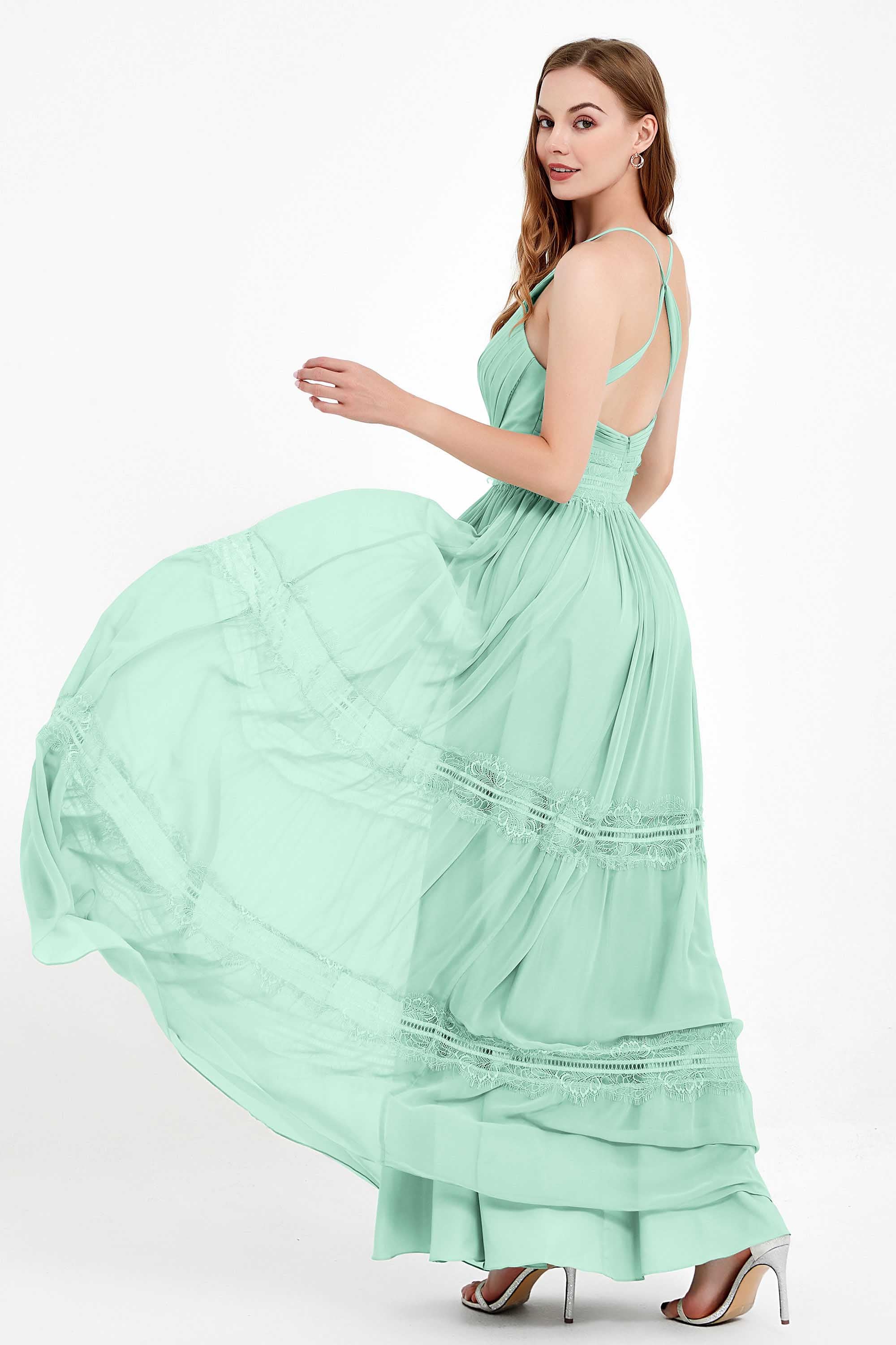Spaghetti Straps V Neckline Chiffon Lace Bridesmaid Dresses Women's Formal Evening Gowns