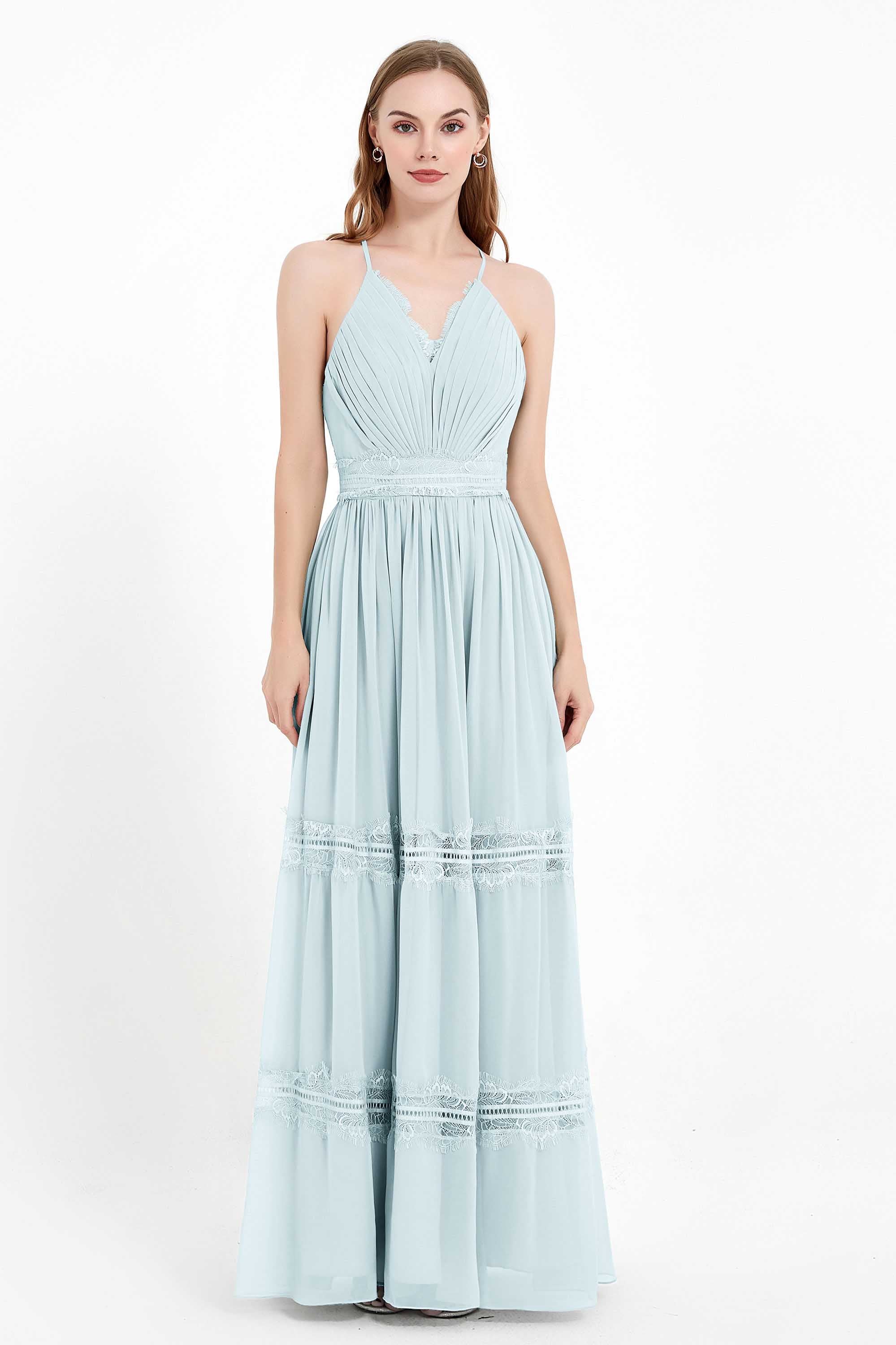 Spaghetti Straps V Neckline Chiffon Lace Bridesmaid Dresses Women's Formal Evening Gowns