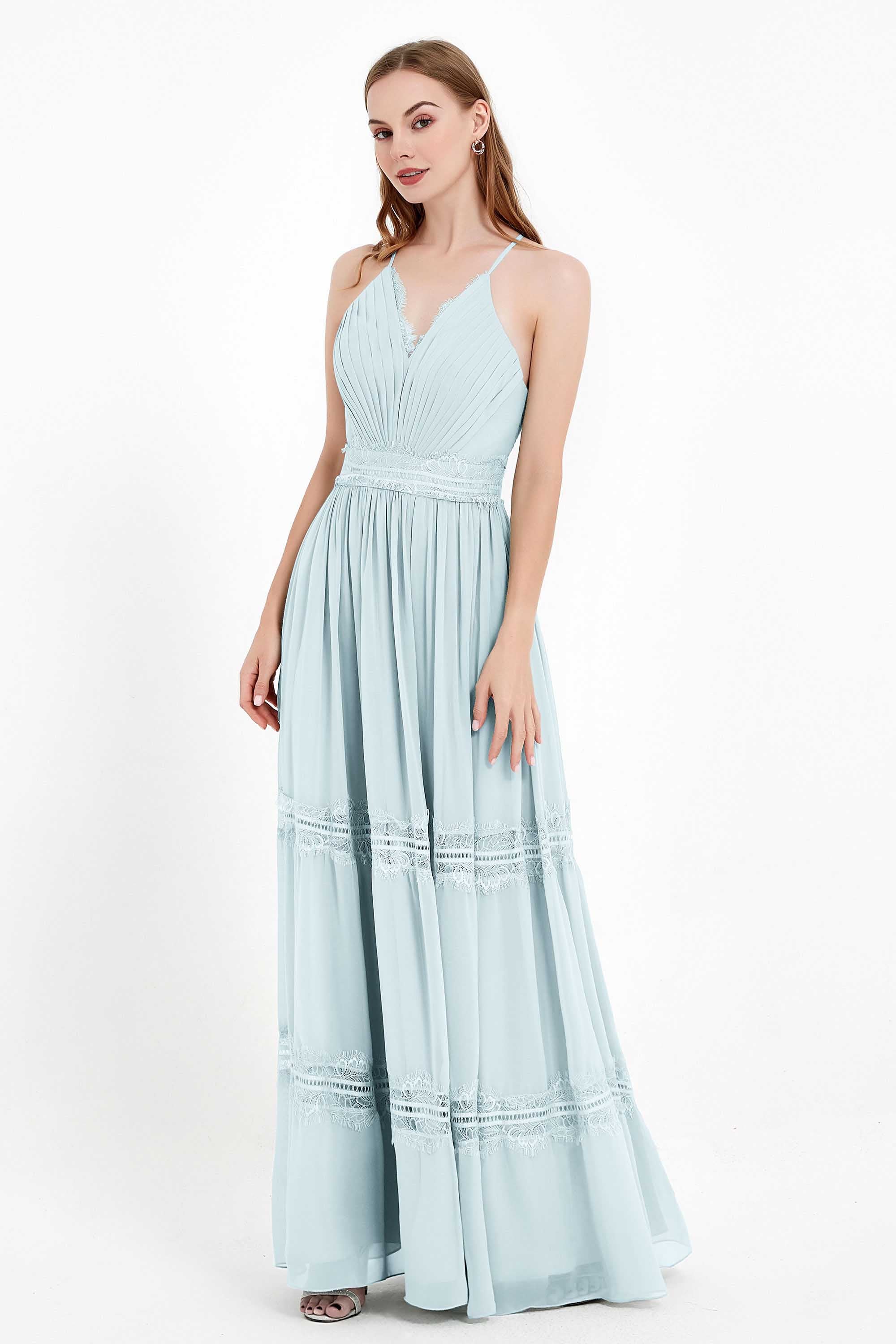 Spaghetti Straps V Neckline Chiffon Lace Bridesmaid Dresses Women's Formal Evening Gowns