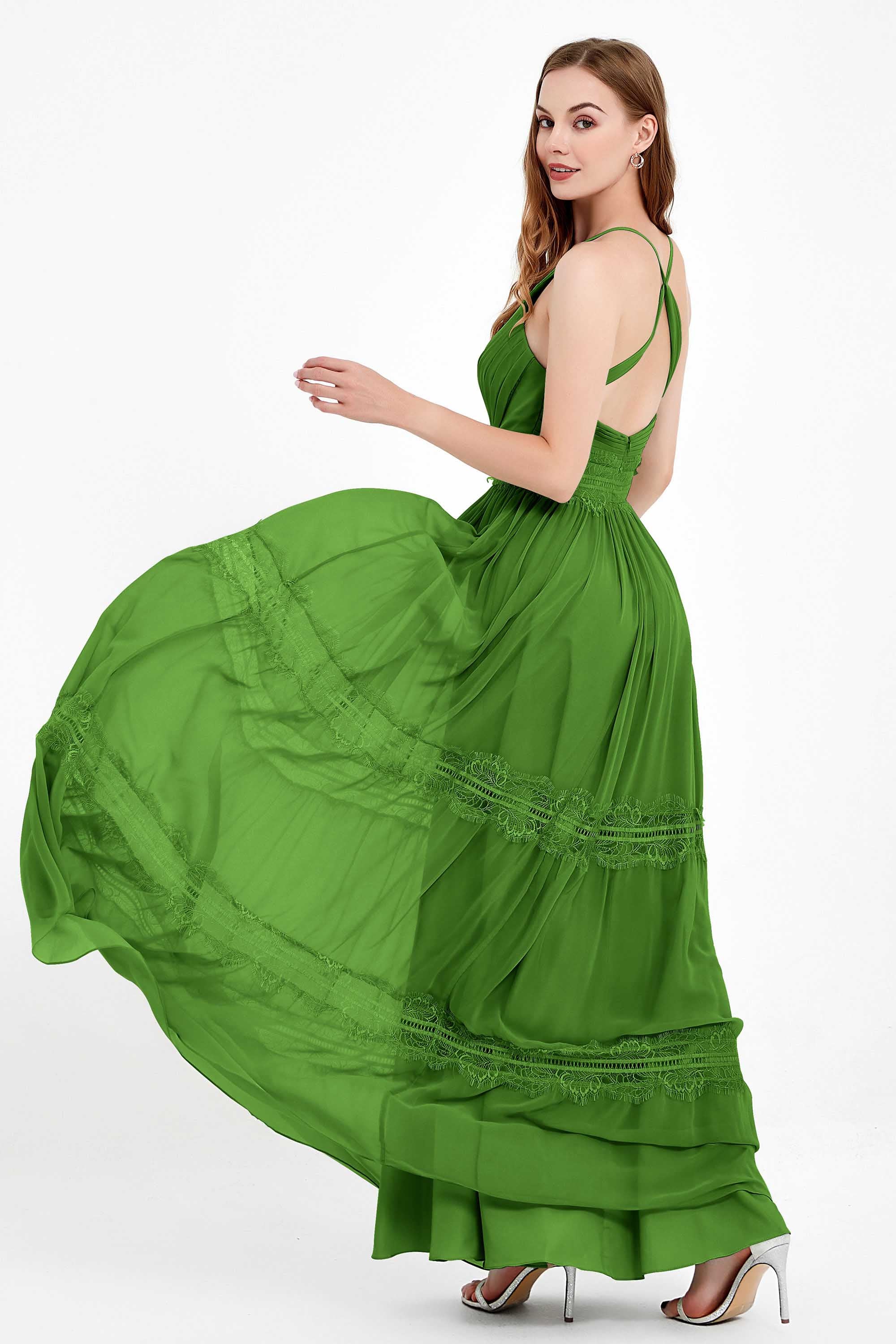 Spaghetti Straps V Neckline Chiffon Lace Bridesmaid Dresses Women's Formal Evening Gowns