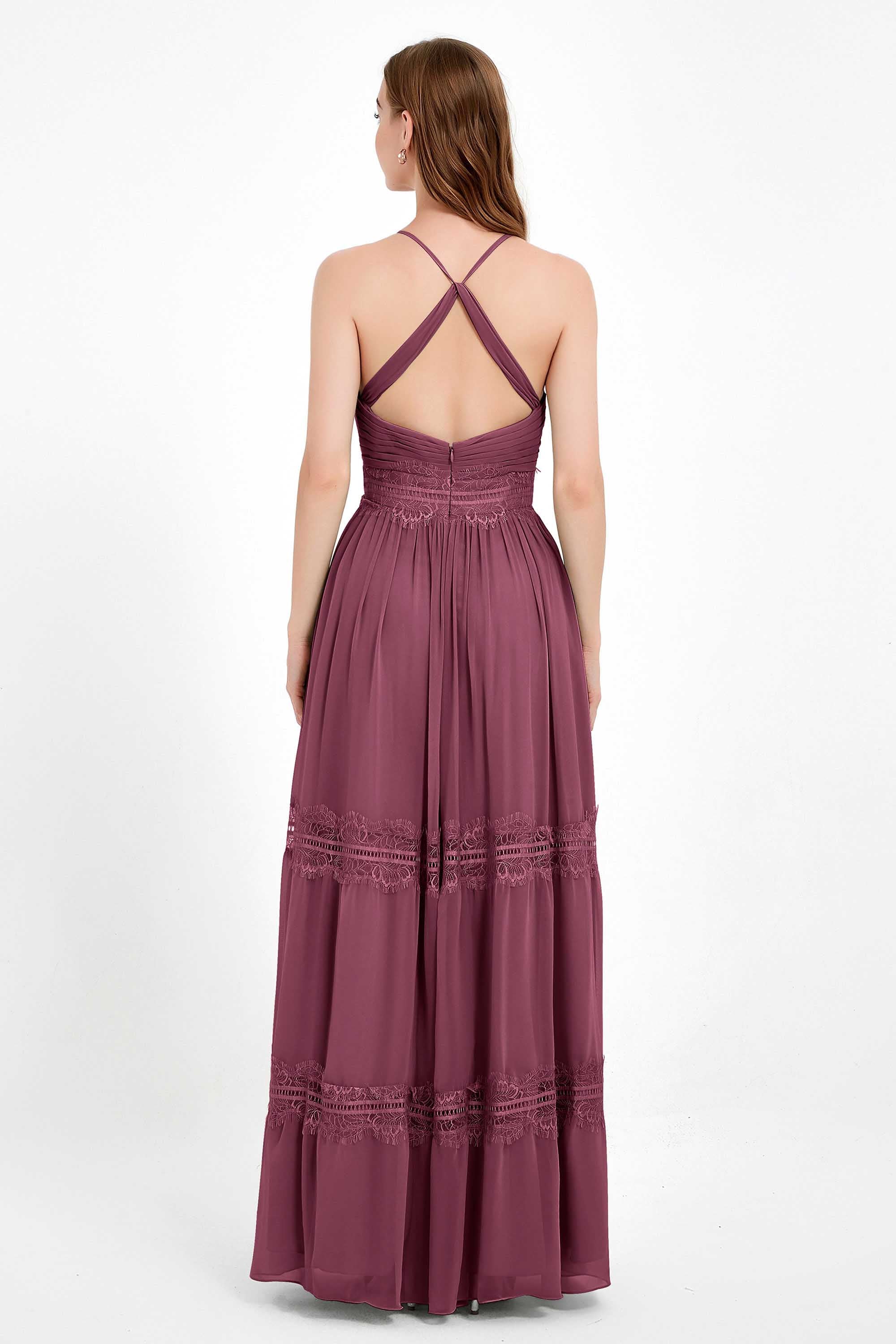Spaghetti Straps V Neckline Chiffon Lace Bridesmaid Dresses Women's Formal Evening Gowns