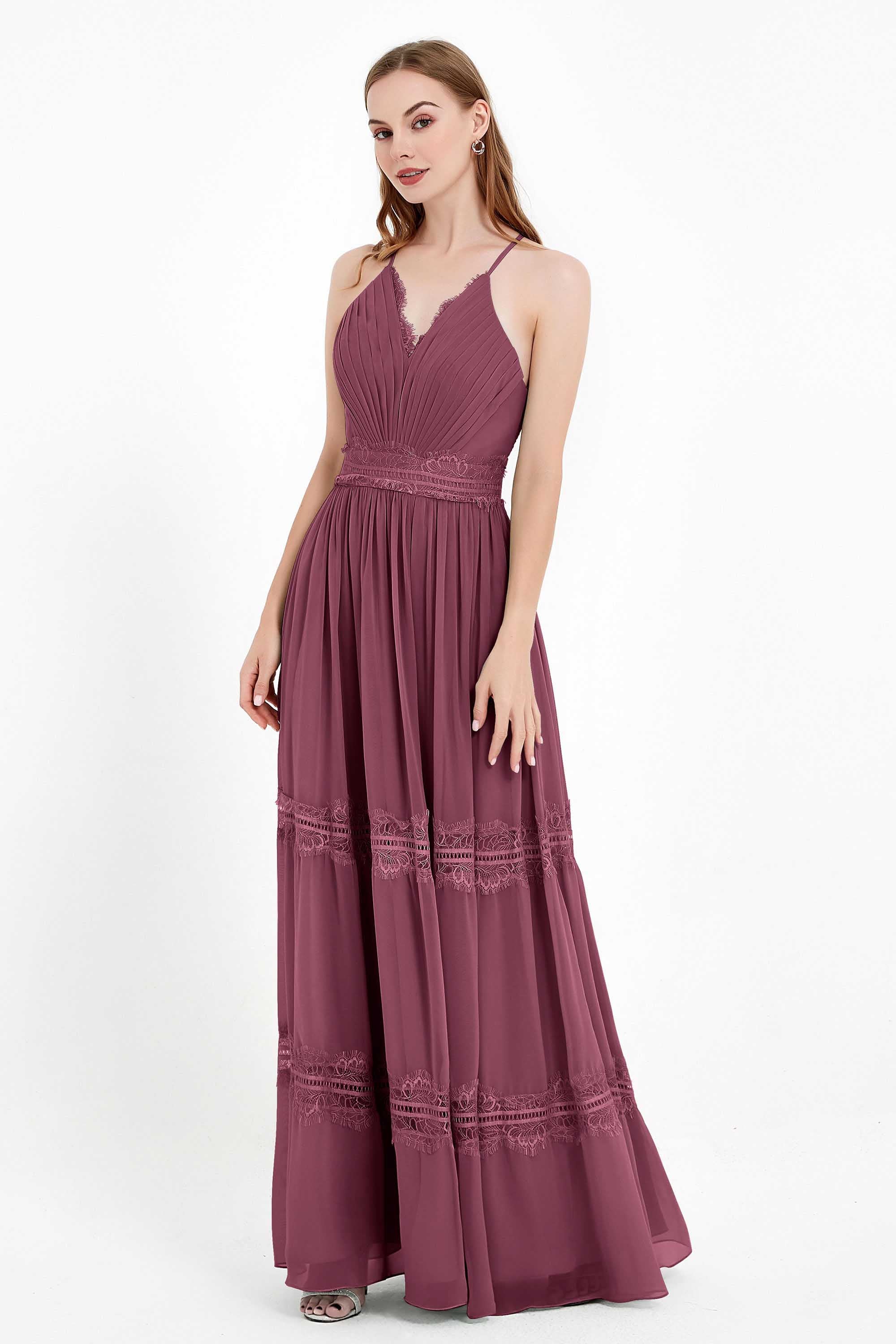 Spaghetti Straps V Neckline Chiffon Lace Bridesmaid Dresses Women's Formal Evening Gowns