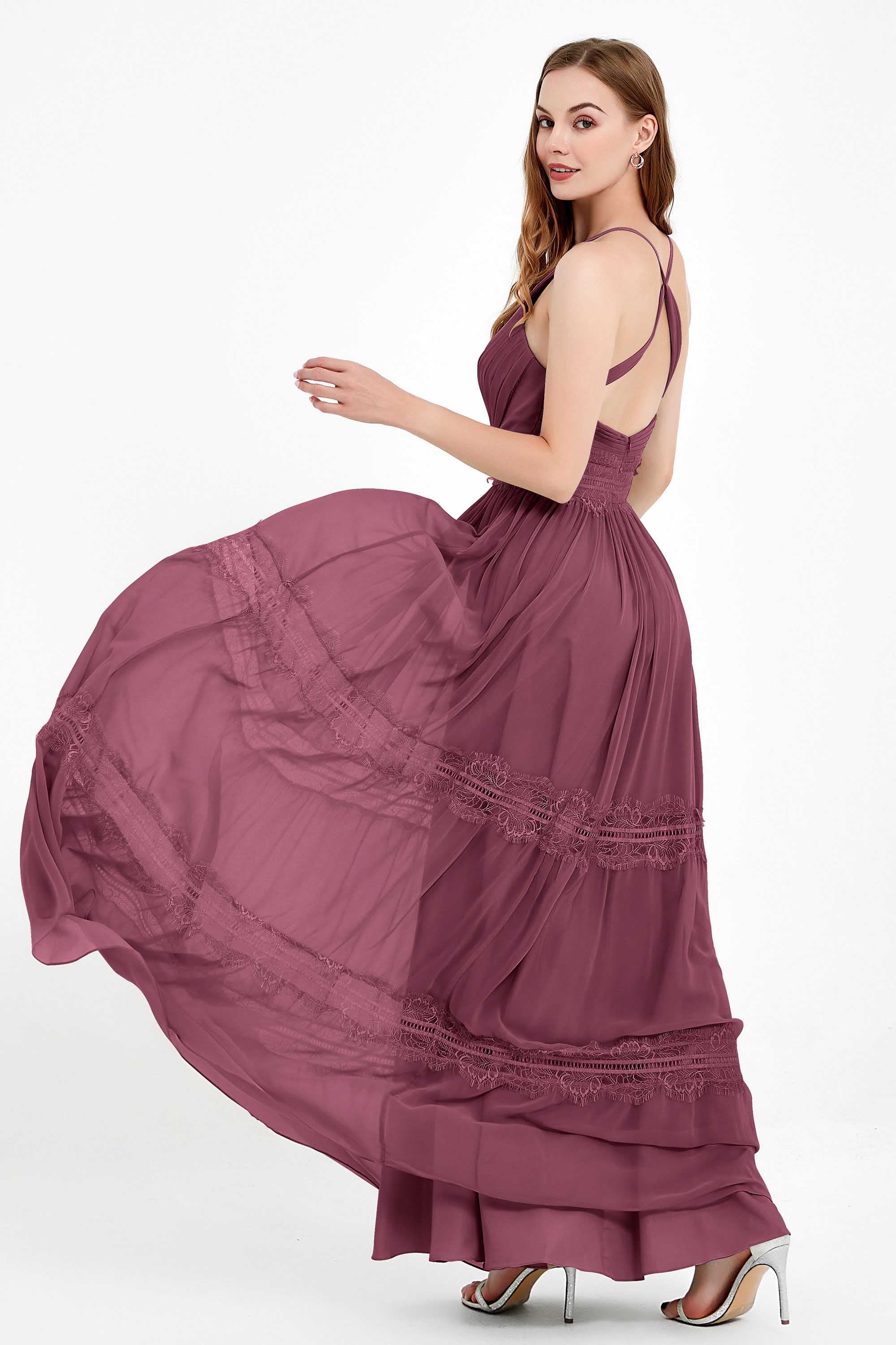 Spaghetti Straps V Neckline Chiffon Lace Bridesmaid Dresses Women's Formal Evening Gowns