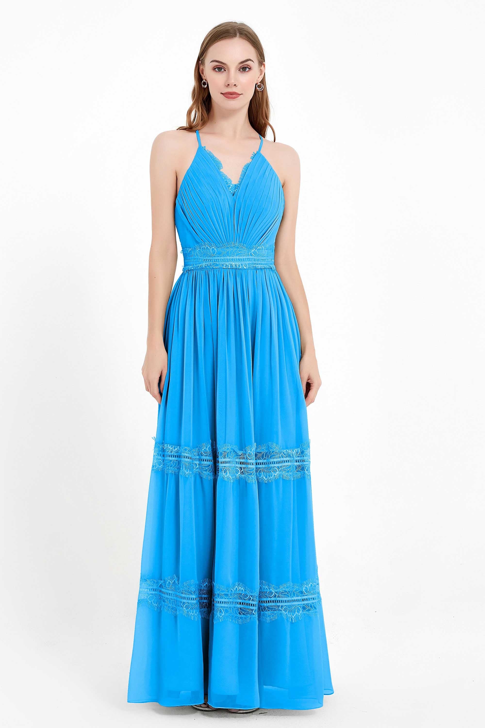Spaghetti Straps V Neckline Chiffon Lace Bridesmaid Dresses Women's Formal Evening Gowns