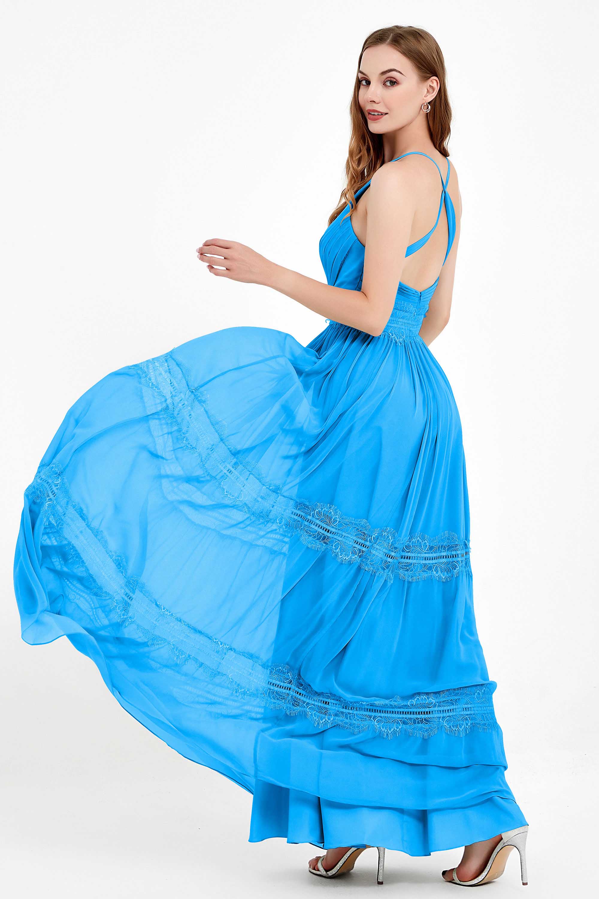 Spaghetti Straps V Neckline Chiffon Lace Bridesmaid Dresses Women's Formal Evening Gowns