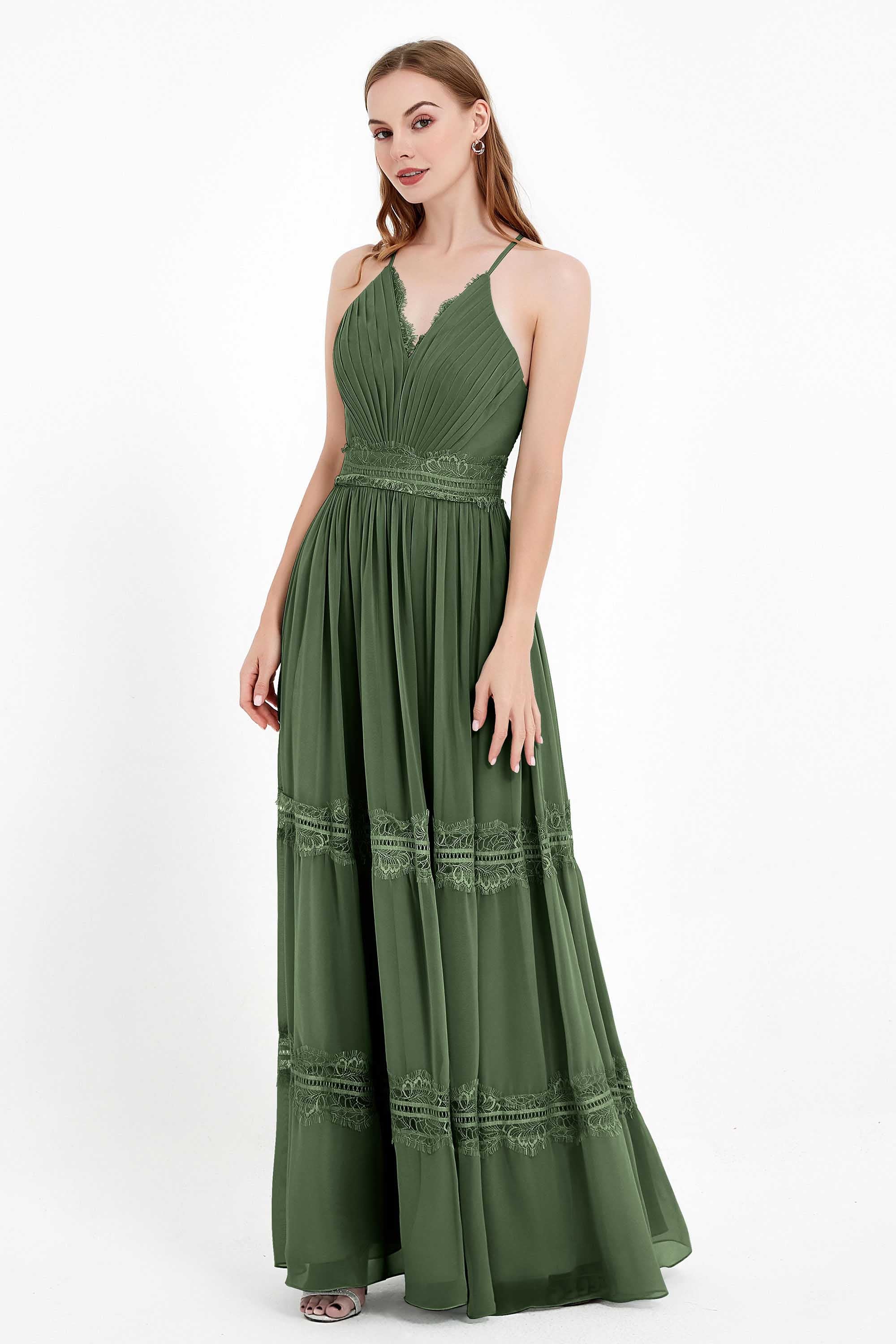 Spaghetti Straps V Neckline Chiffon Lace Bridesmaid Dresses Women's Formal Evening Gowns