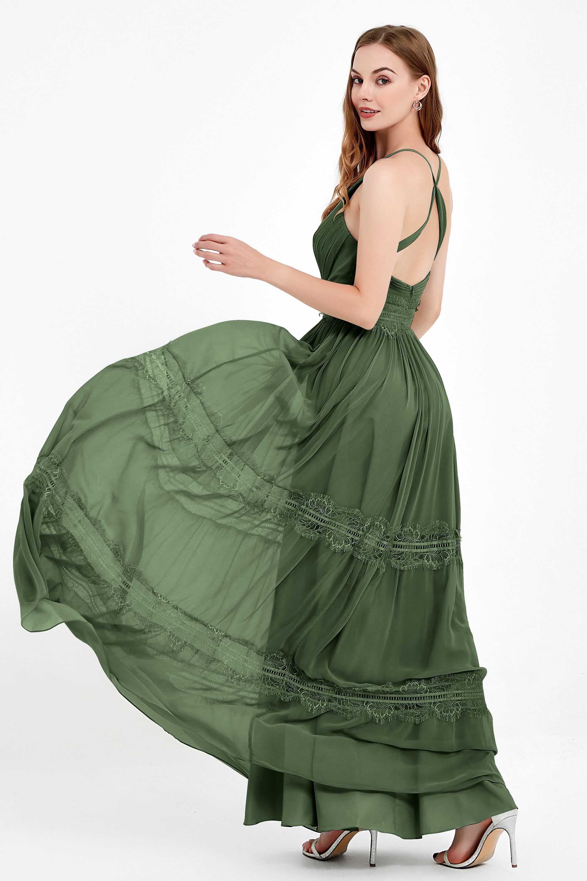 Spaghetti Straps V Neckline Chiffon Lace Bridesmaid Dresses Women's Formal Evening Gowns