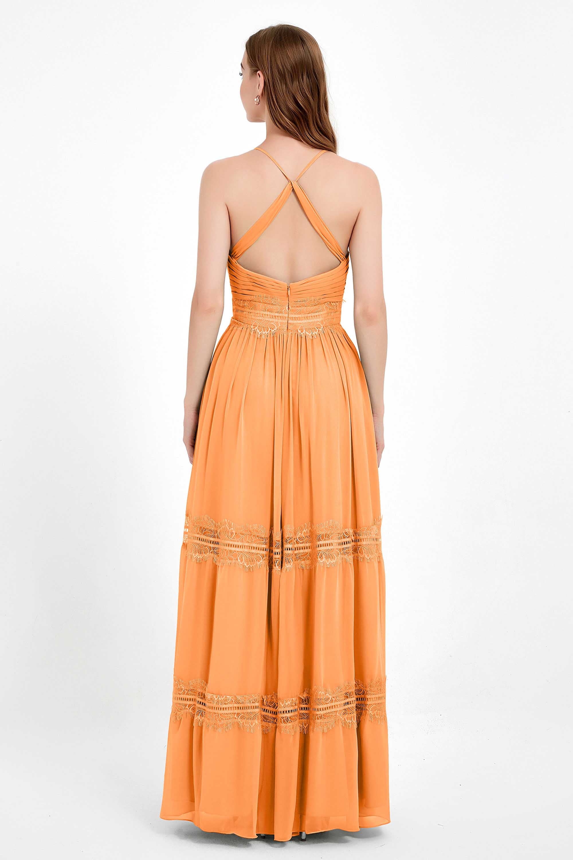 Spaghetti Straps V Neckline Chiffon Lace Bridesmaid Dresses Women's Formal Evening Gowns