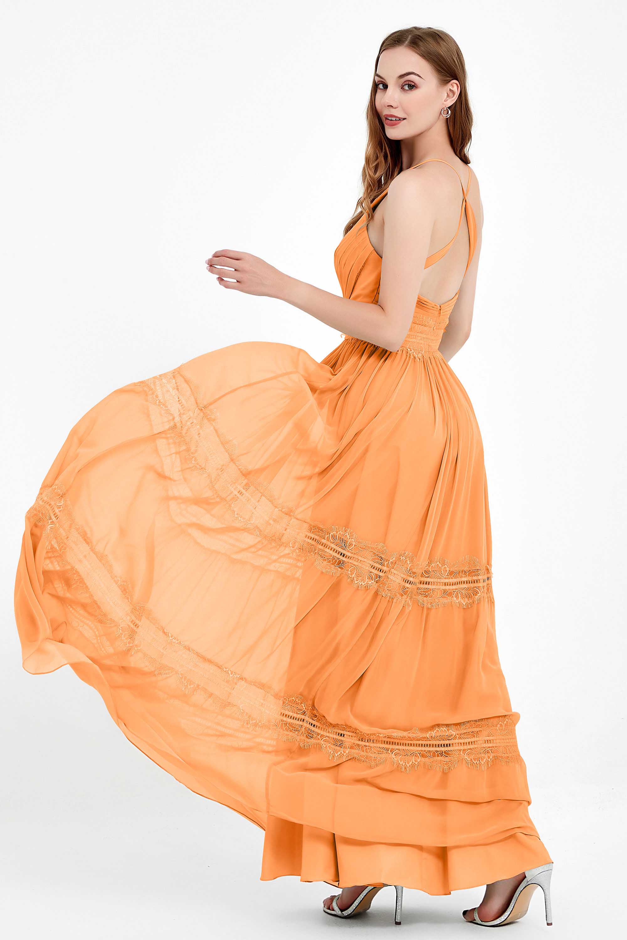 Spaghetti Straps V Neckline Chiffon Lace Bridesmaid Dresses Women's Formal Evening Gowns
