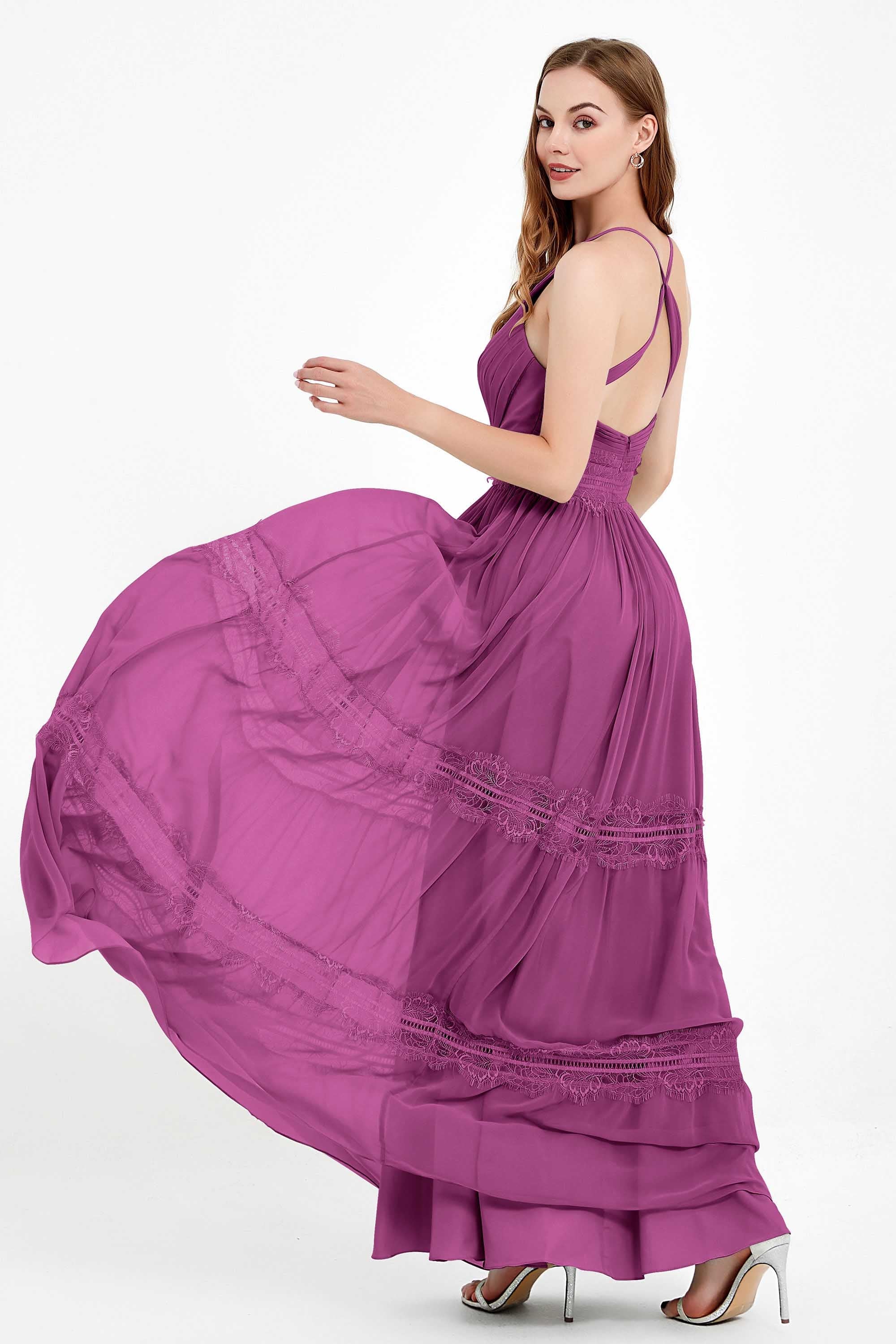 Spaghetti Straps V Neckline Chiffon Lace Bridesmaid Dresses Women's Formal Evening Gowns