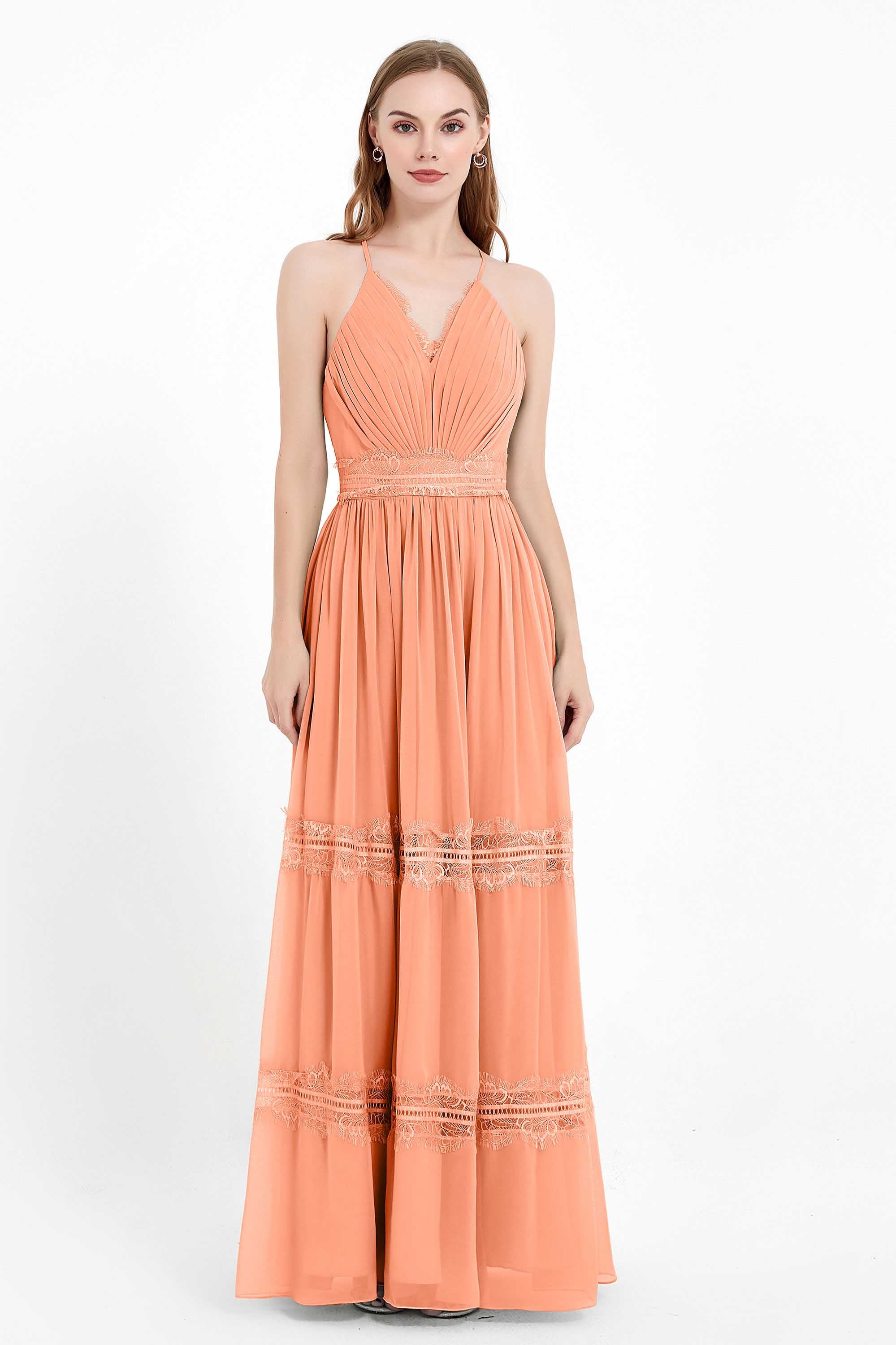 Spaghetti Straps V Neckline Chiffon Lace Bridesmaid Dresses Women's Formal Evening Gowns
