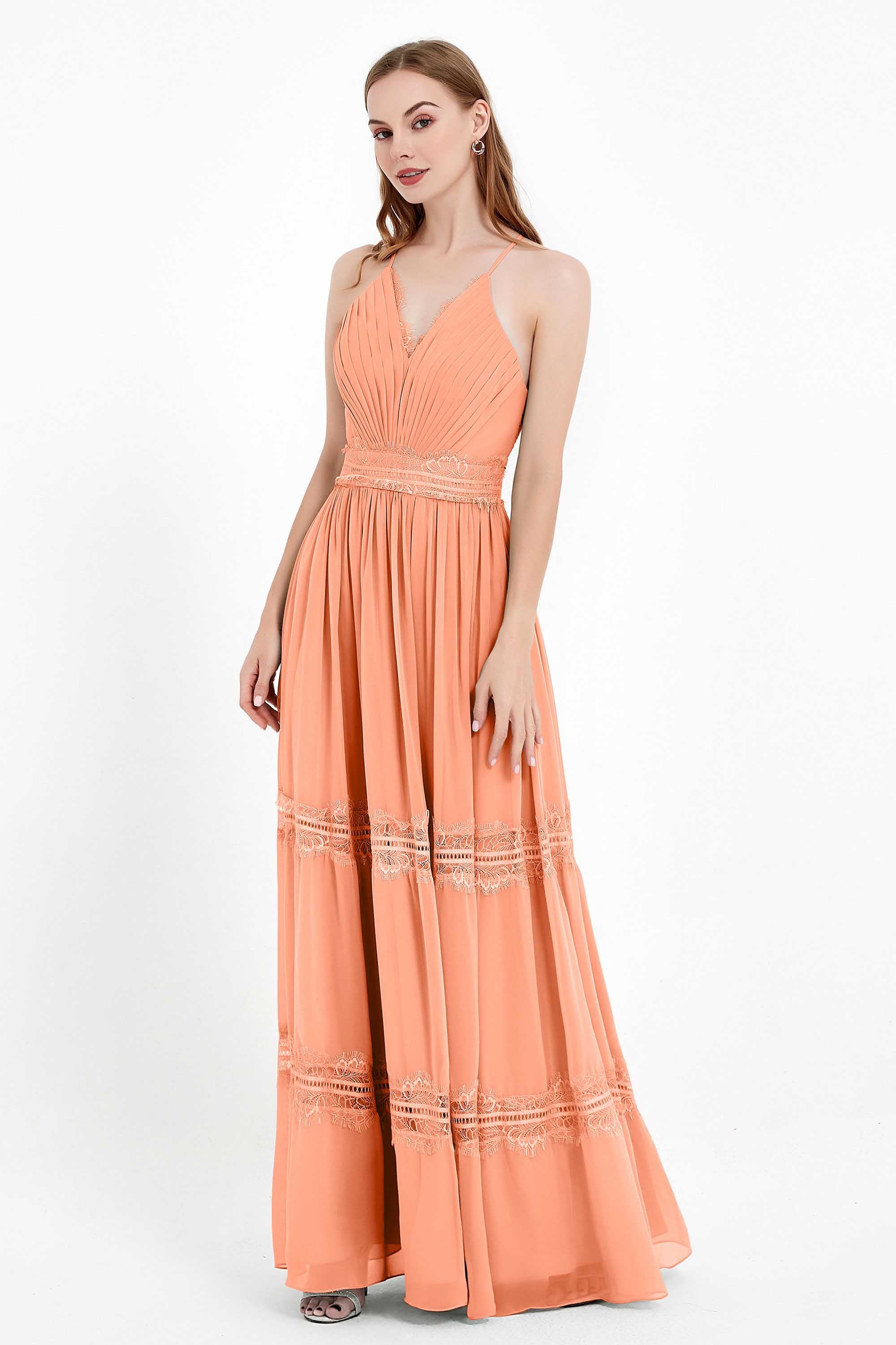 Spaghetti Straps V Neckline Chiffon Lace Bridesmaid Dresses Women's Formal Evening Gowns