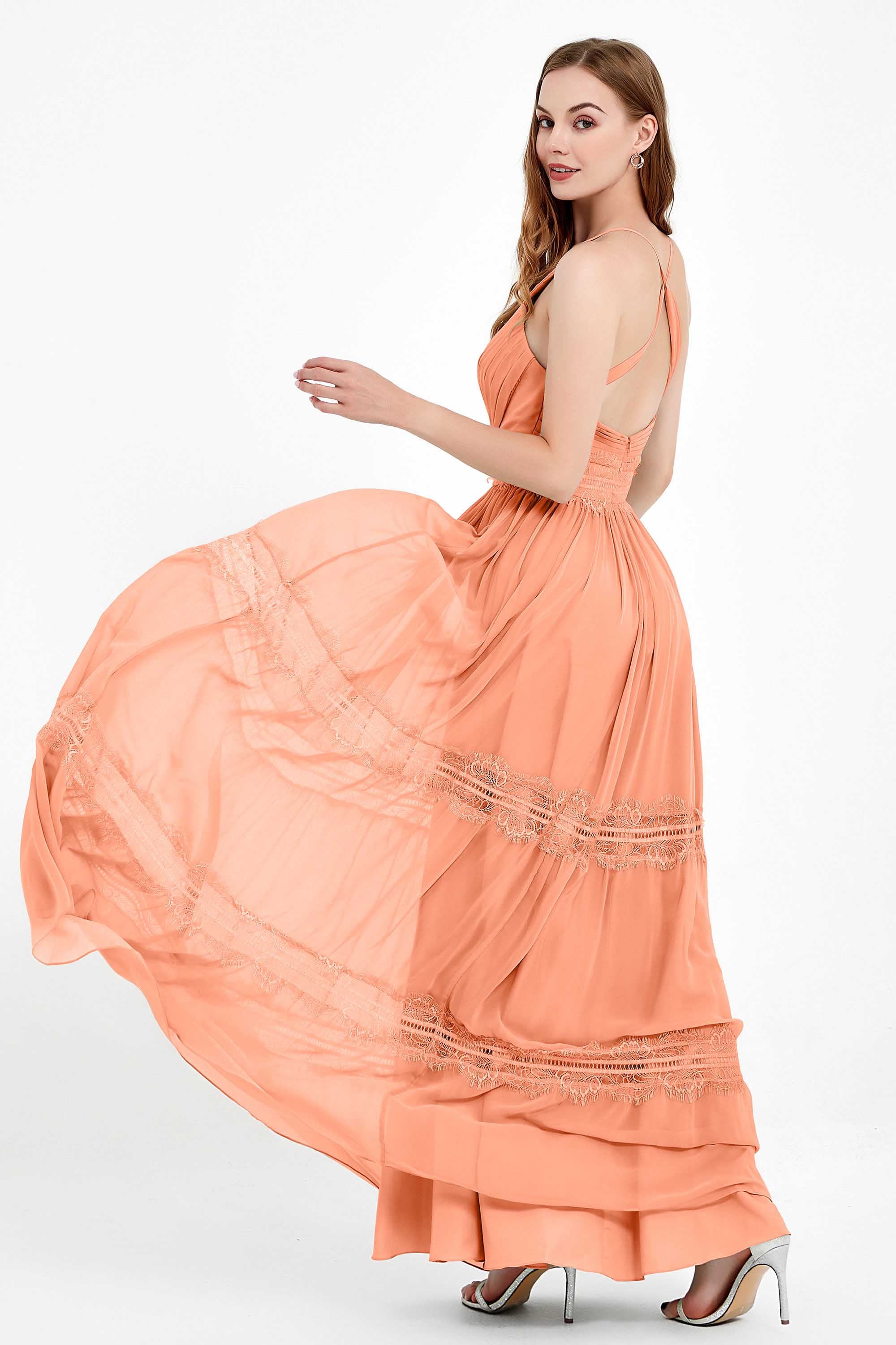 Spaghetti Straps V Neckline Chiffon Lace Bridesmaid Dresses Women's Formal Evening Gowns