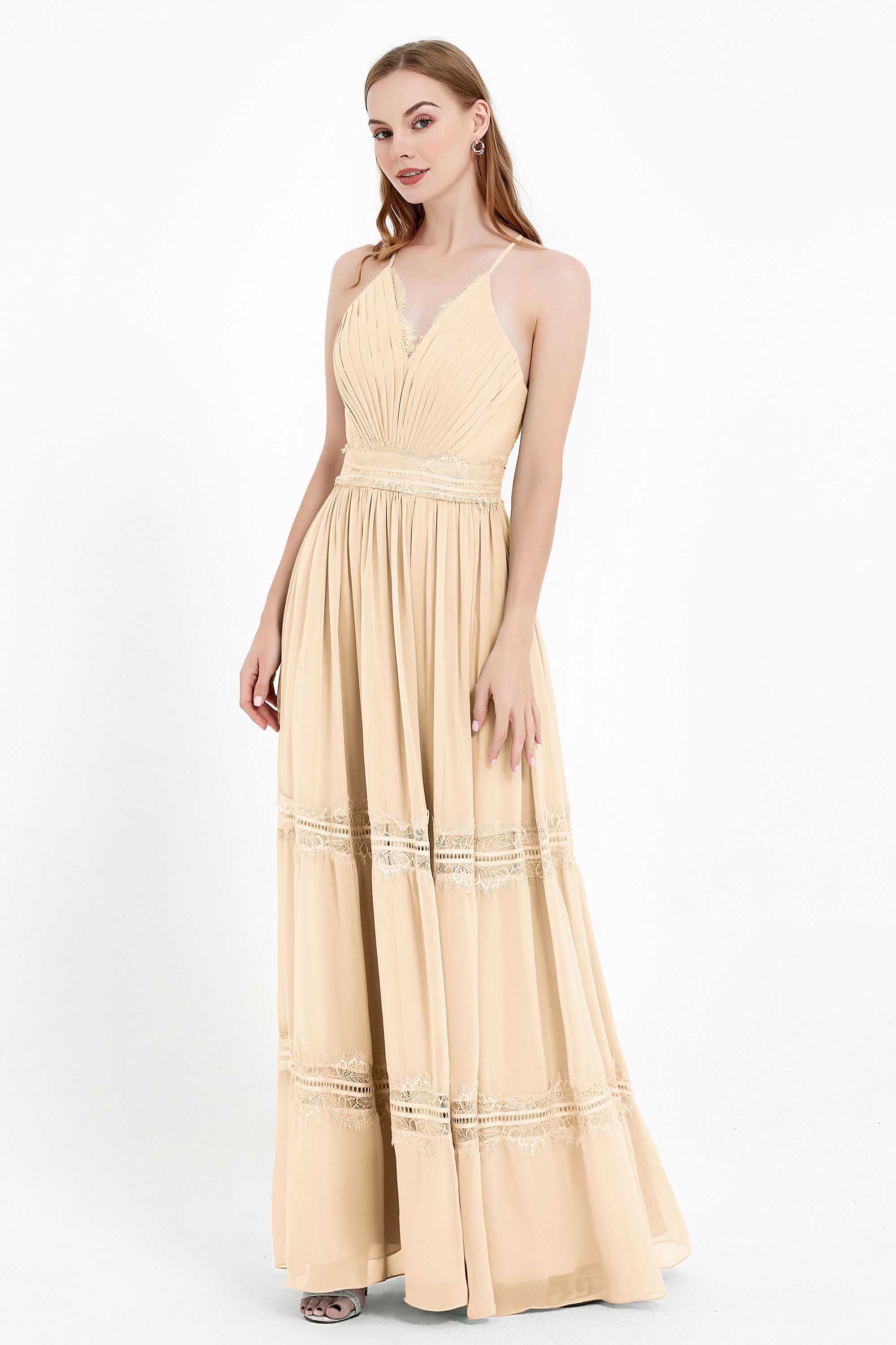 Spaghetti Straps V Neckline Chiffon Lace Bridesmaid Dresses Women's Formal Evening Gowns